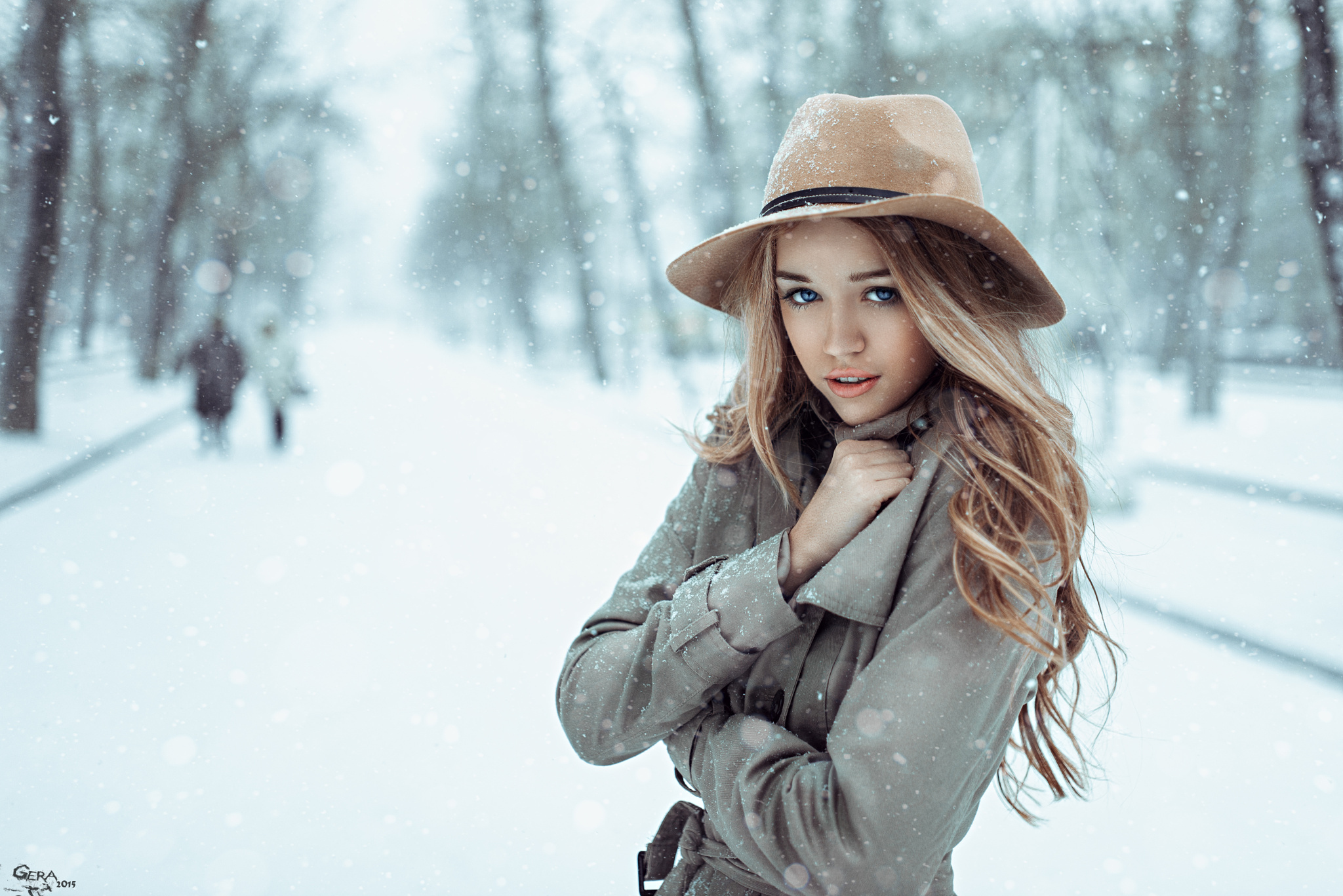 Download mobile wallpaper Winter, Hat, Model, Women, Long Hair for free.