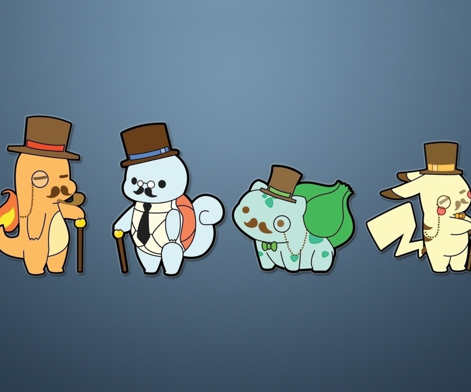 anime, pokémon, pikachu, bulbasaur (pokémon), monocle, squirtle (pokémon), starter pokemon, top hat, charmander (pokémon)