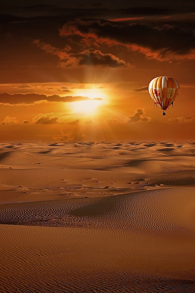Download mobile wallpaper Sunset, Sand, Desert, Brown, Dune, Vehicle, Vehicles, Hot Air Balloon for free.