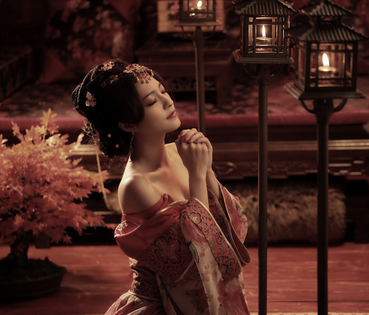 Download mobile wallpaper Lantern, Candle, Women, Asian for free.