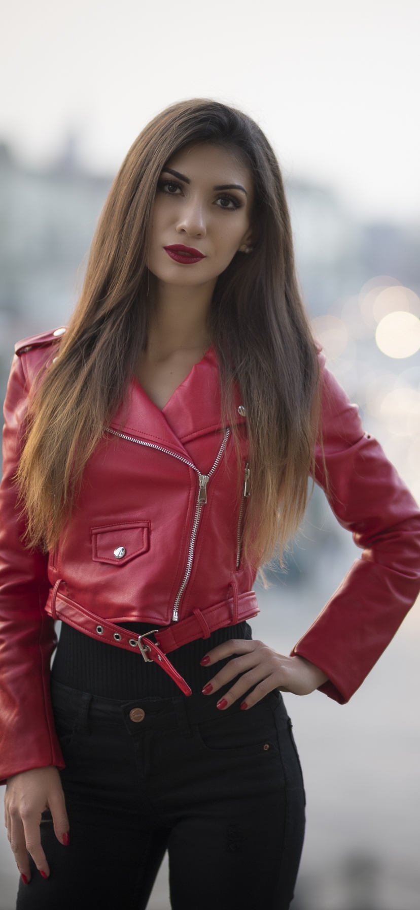 Download mobile wallpaper Brunette, Model, Women, Brown Eyes, Long Hair, Lipstick, Leather Jacket for free.