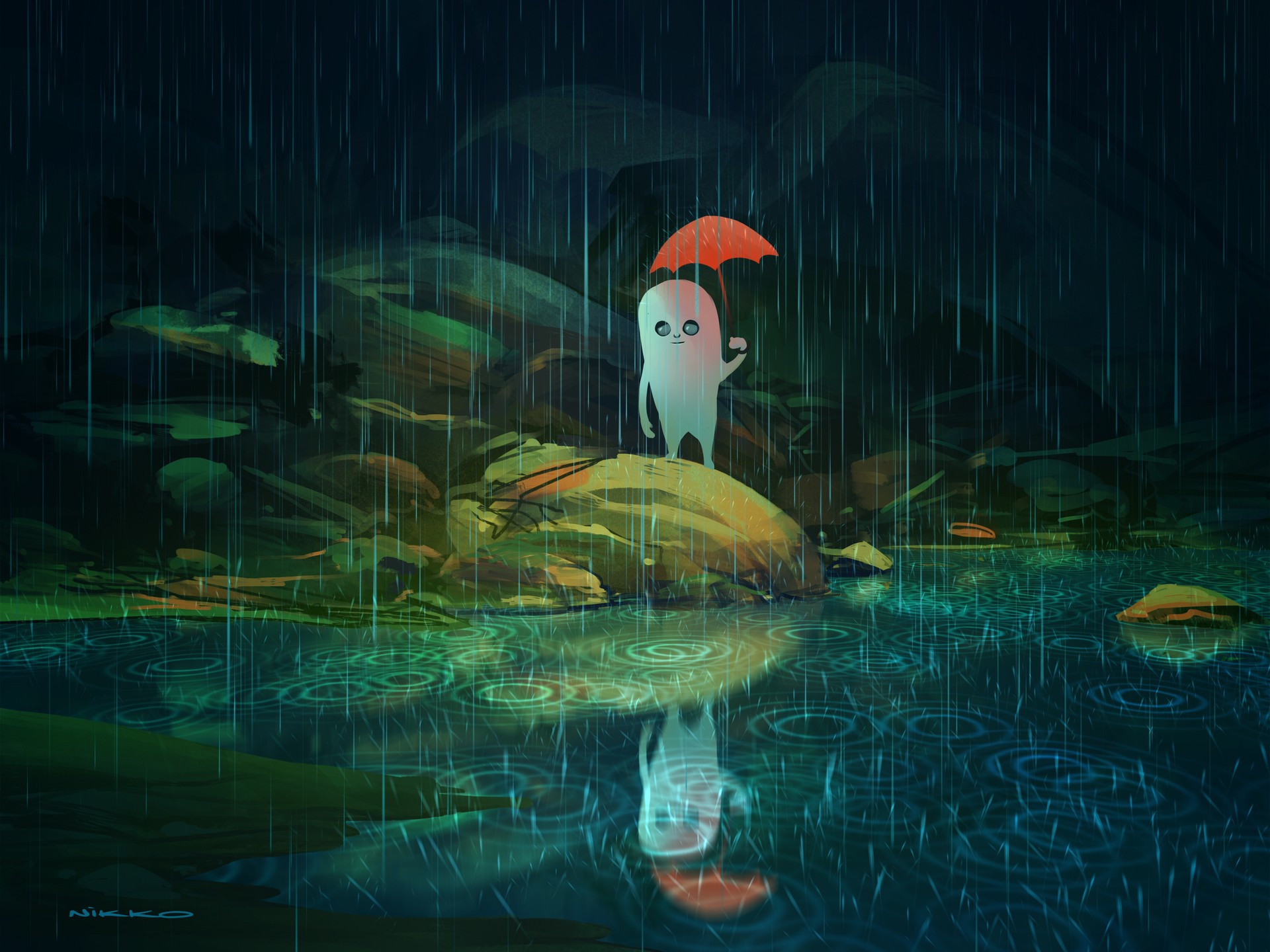 Free download wallpaper Water, Fantasy, Rain, Reflection, Creature, Umbrella on your PC desktop