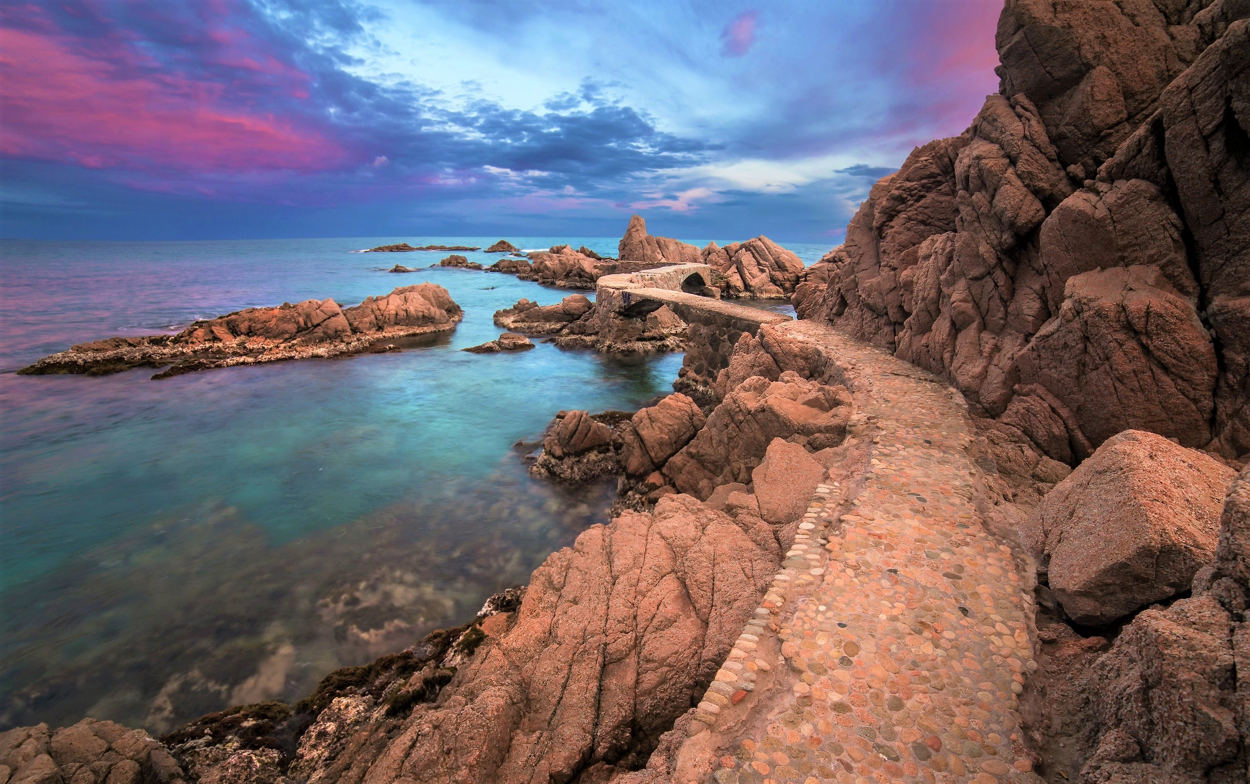 Free download wallpaper Sunset, Sky, Sea, Rock, Horizon, Coast, Ocean, Earth, Path on your PC desktop