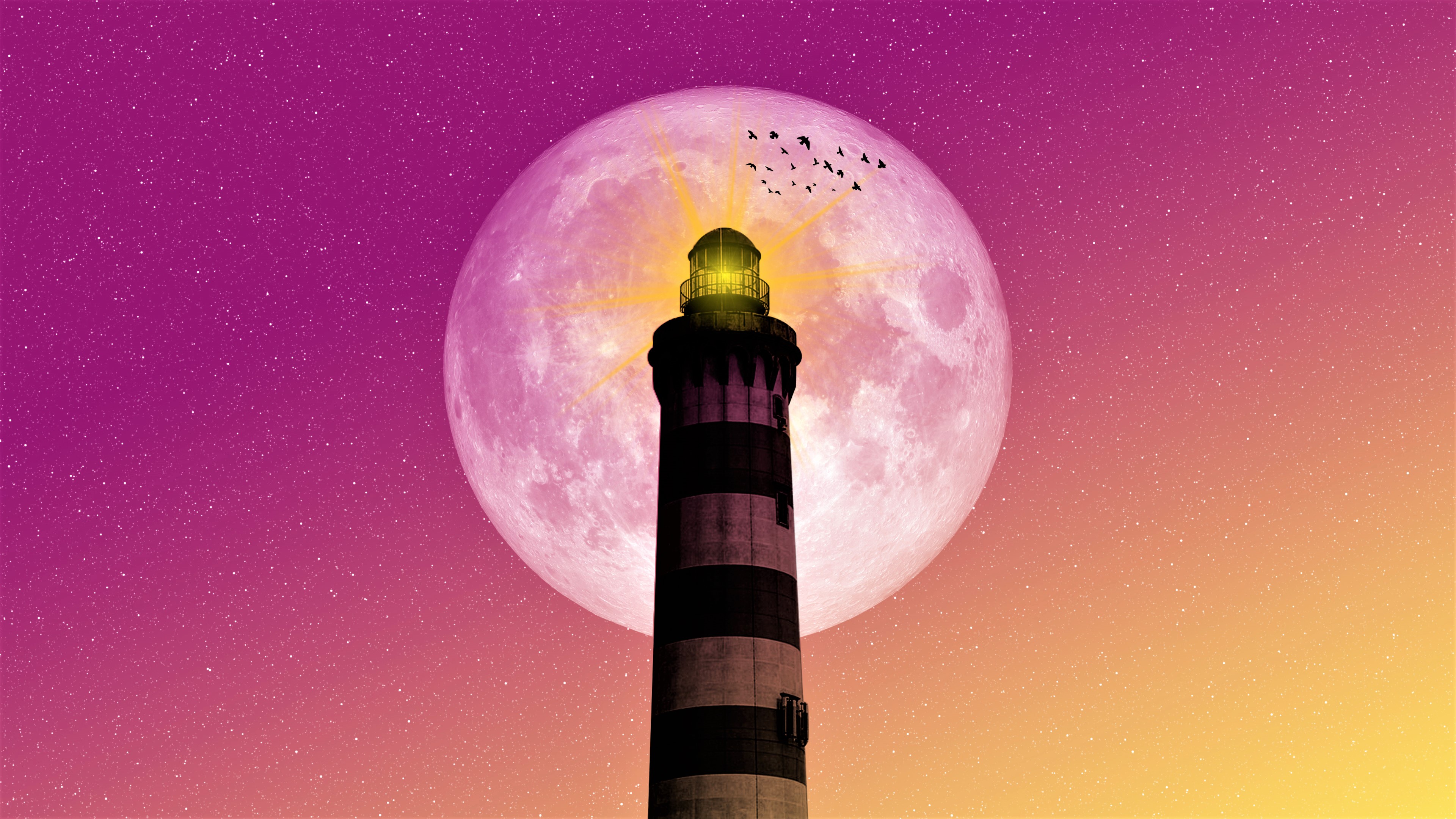 Free download wallpaper Stars, Moon, Light, Bird, Lighthouse, Artistic on your PC desktop