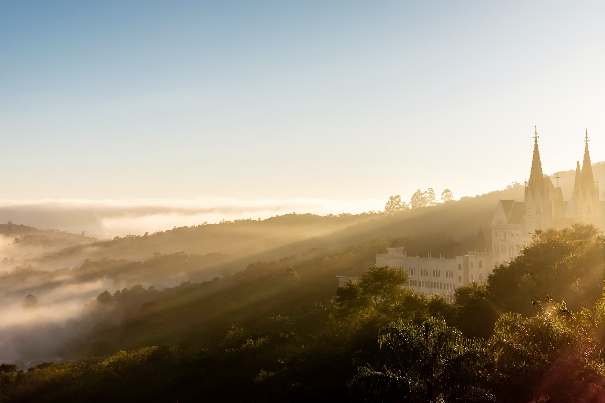 Download mobile wallpaper Landscape, Building, Fog, Photography, Sunbeam for free.