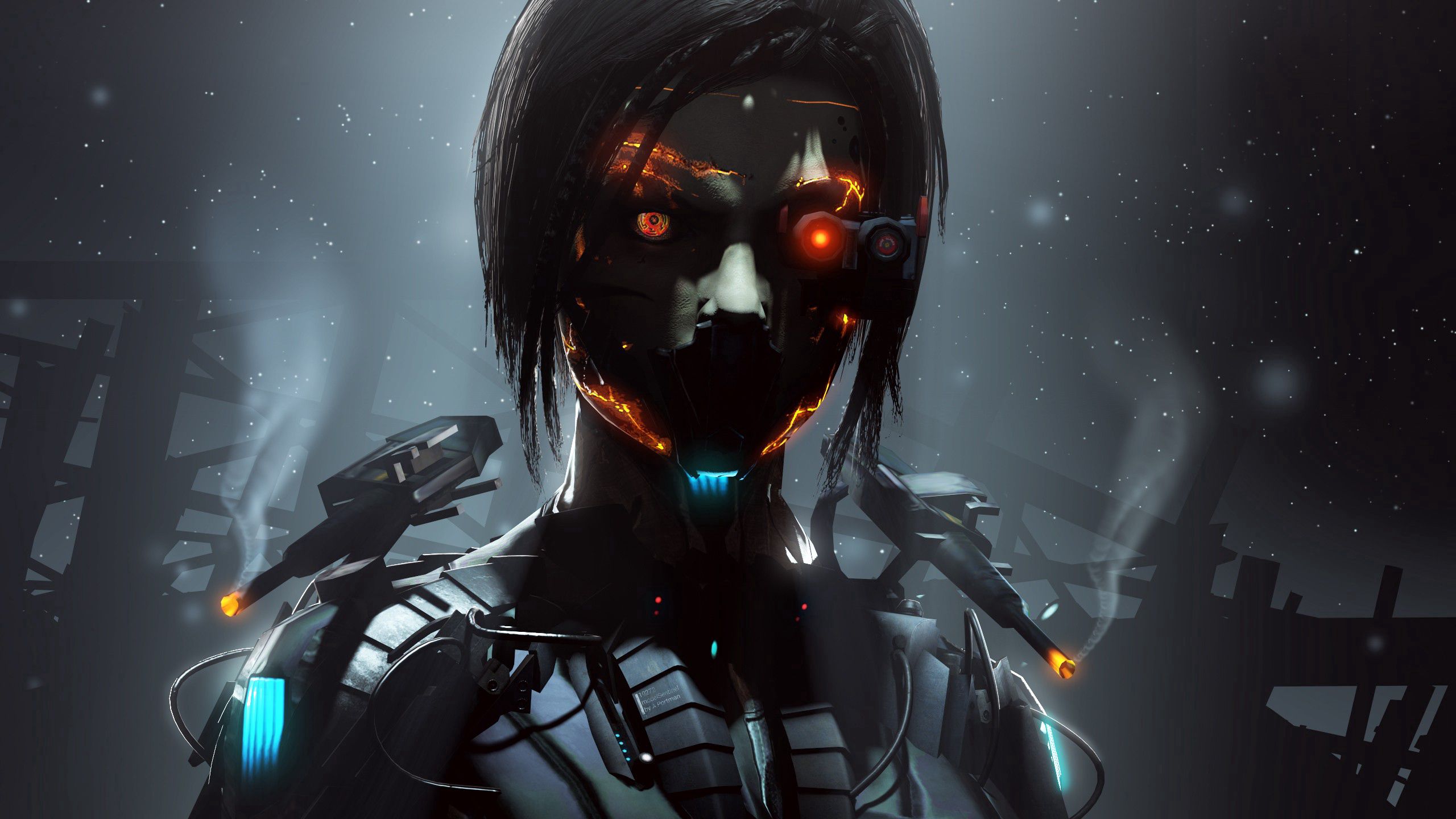 cyborg, robot, art, eyes, dark HD wallpaper