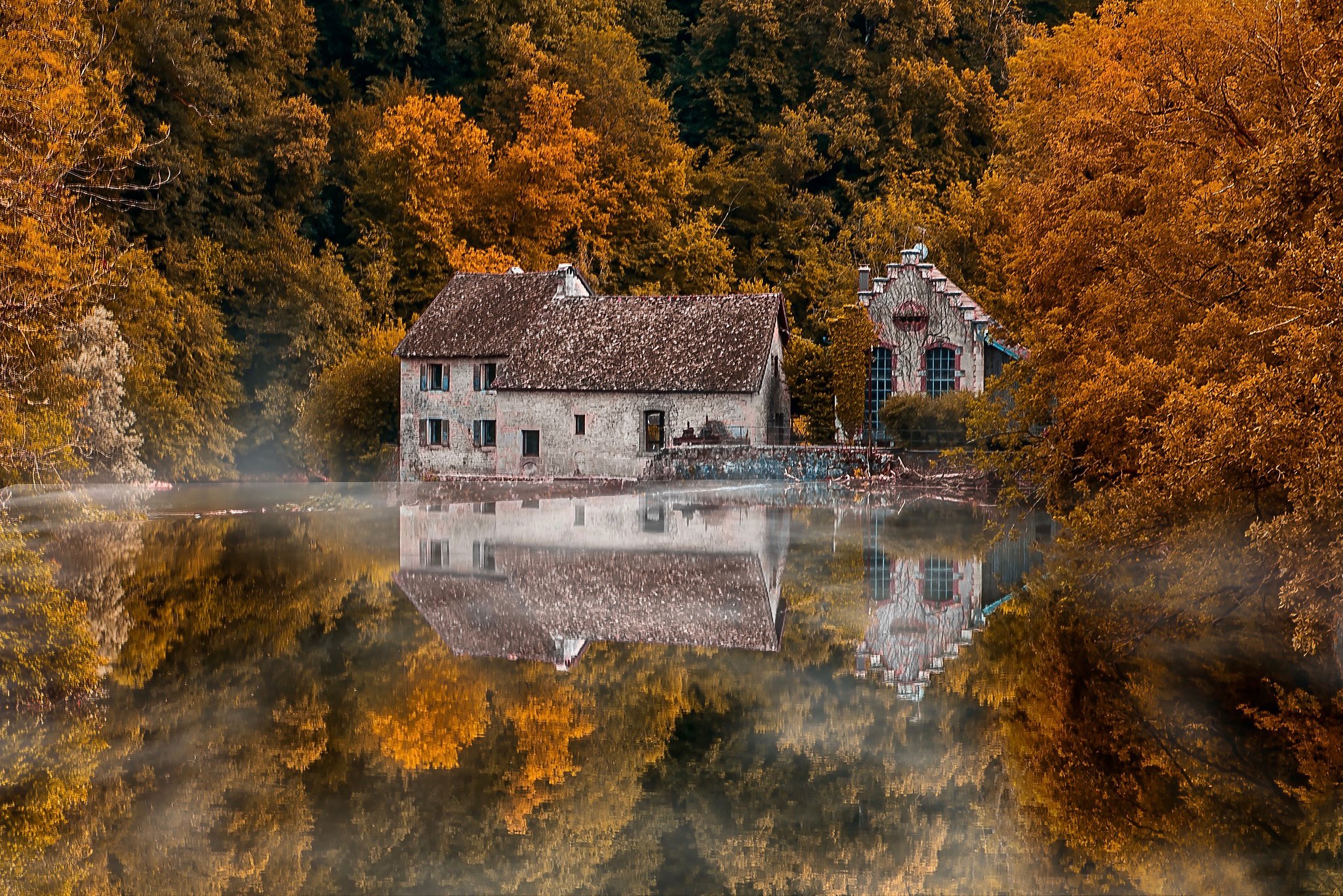 Download mobile wallpaper Building, Reflection, Forest, Tree, Fall, France, River, Man Made for free.