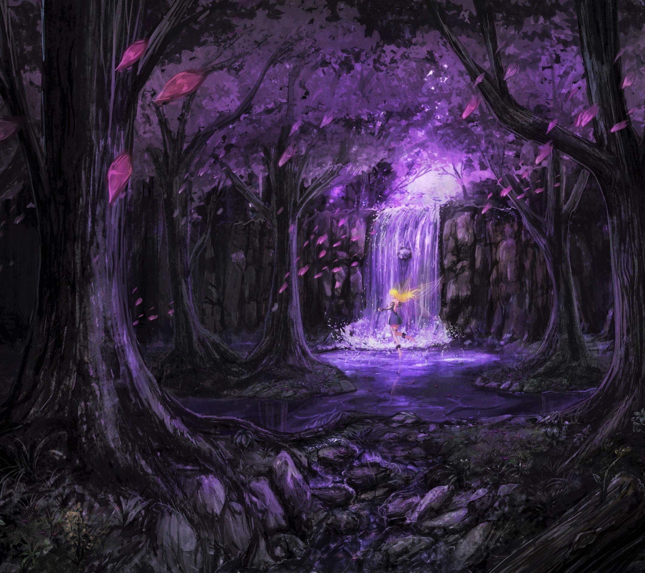 Download mobile wallpaper Fantasy, Waterfall, Forest, Purple, Fairy for free.