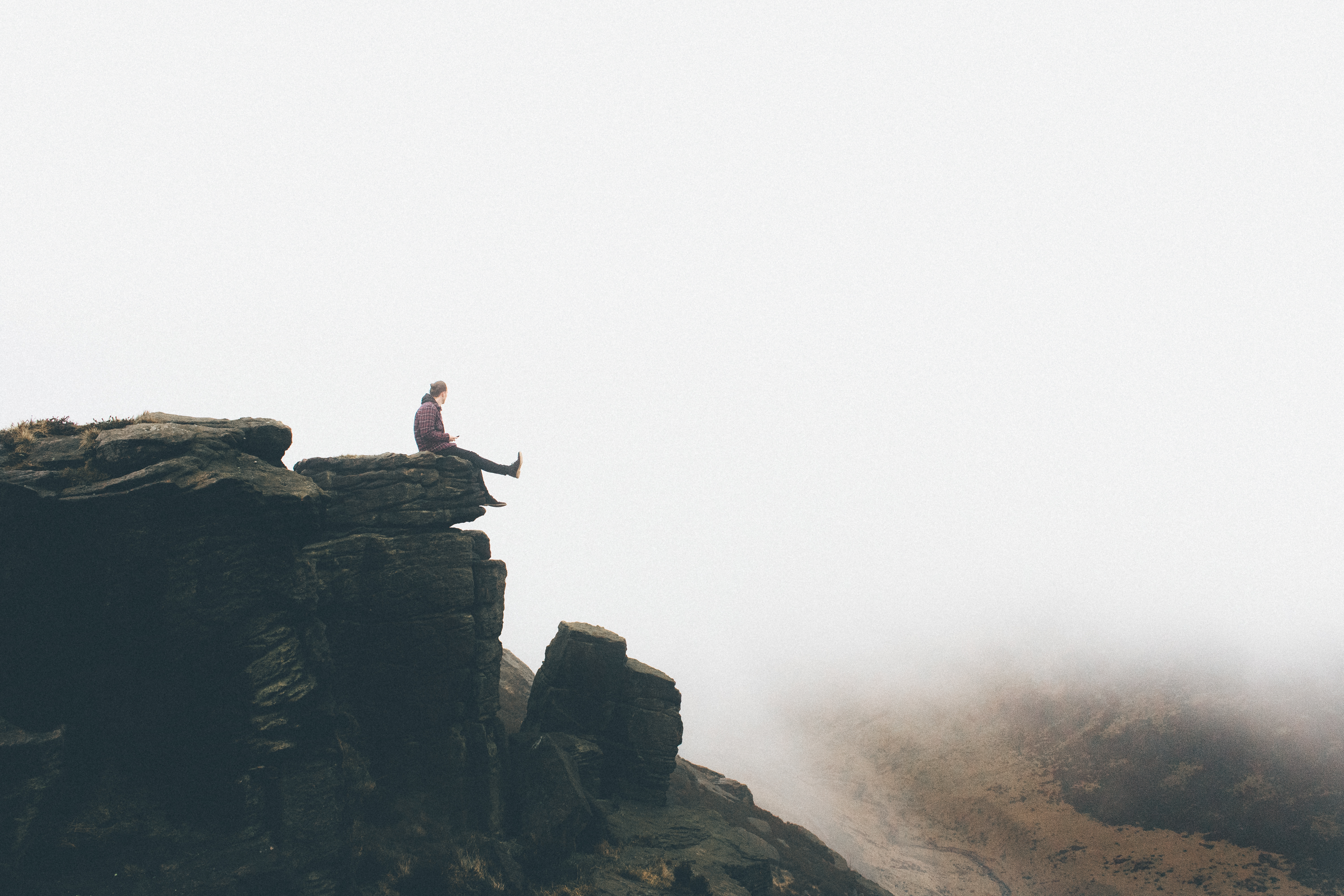 nature, mountains, fog, break, precipice, human, person, freedom 8K