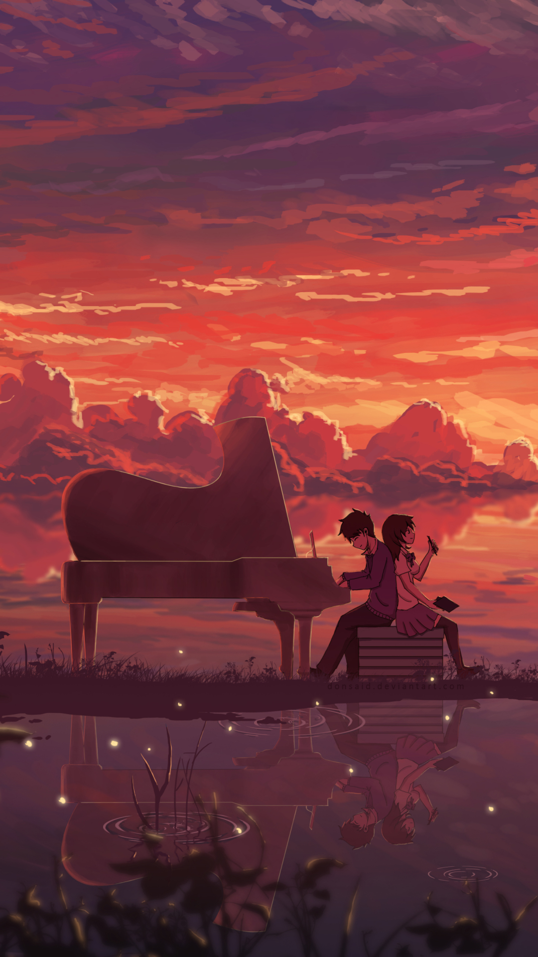 Download mobile wallpaper Anime, Sunset, Sky, Piano, Horizon, Reflection, Couple, Cloud for free.