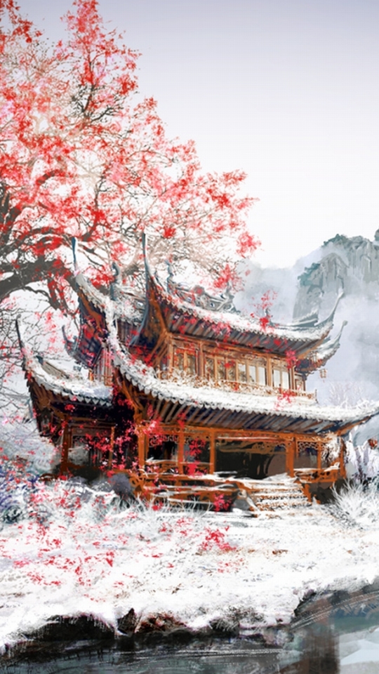 Handy-Wallpaper Winter, Fantasie, Orientalisch, Sakura Blüte kostenlos herunterladen.