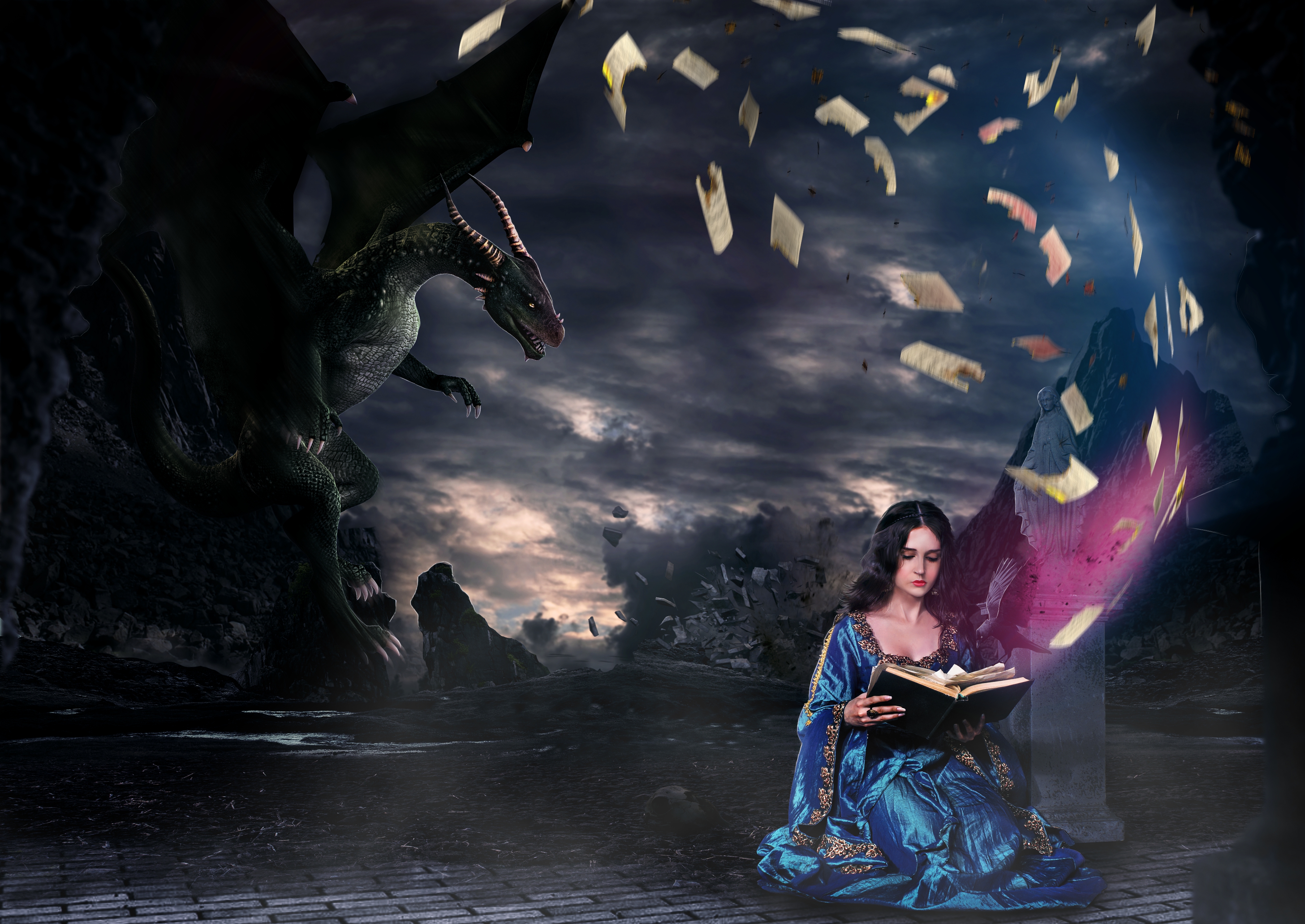 Free download wallpaper Fantasy, Dragon, Book, Women on your PC desktop