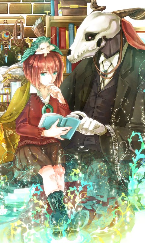 Download mobile wallpaper Anime, Dog, Book, Skirt, Green Eyes, Short Hair, Red Hair, Elias Ainsworth, Chise Hatori, The Ancient Magus' Bride for free.