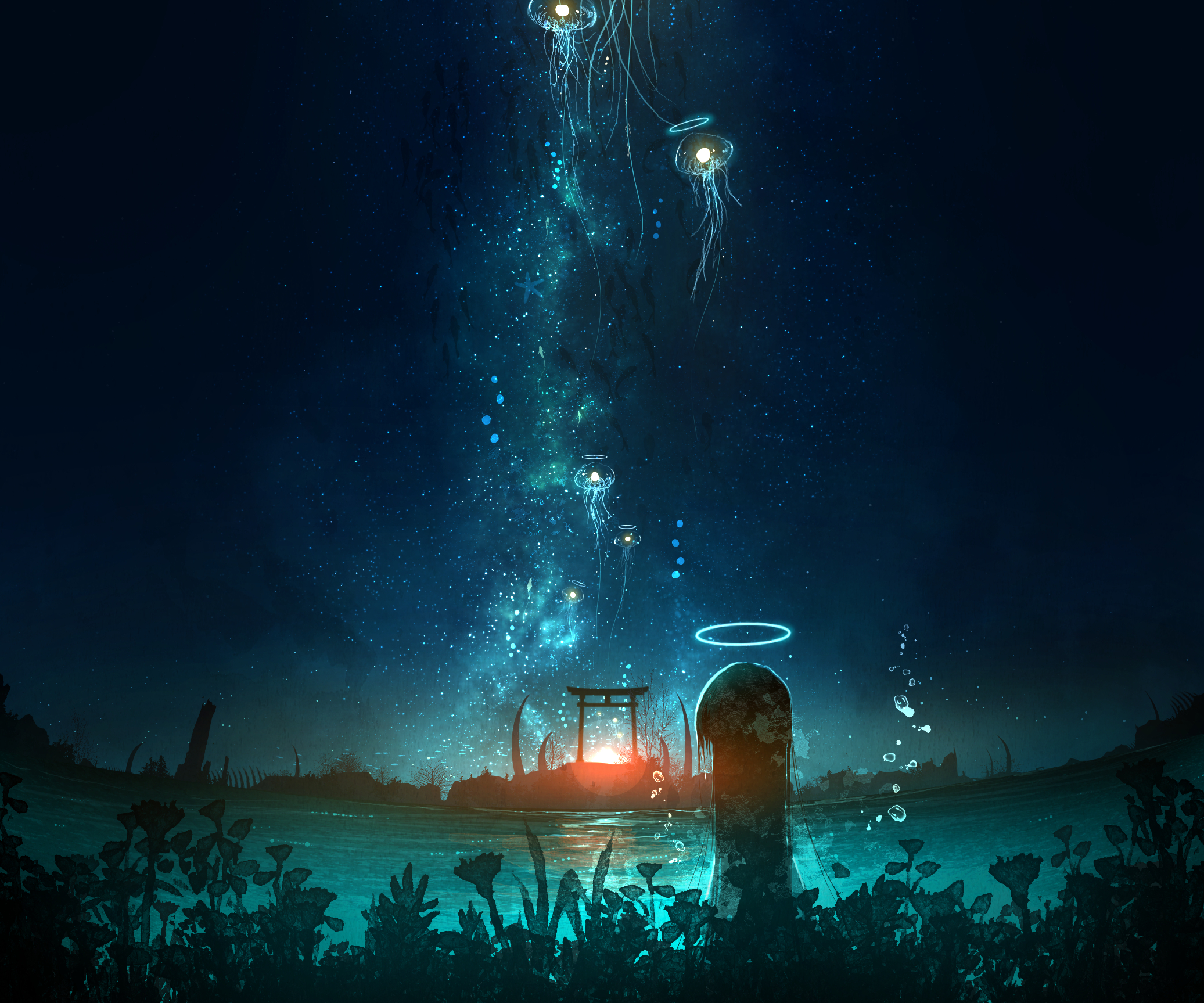 Download mobile wallpaper Anime, Sky, Night, Jellyfish for free.