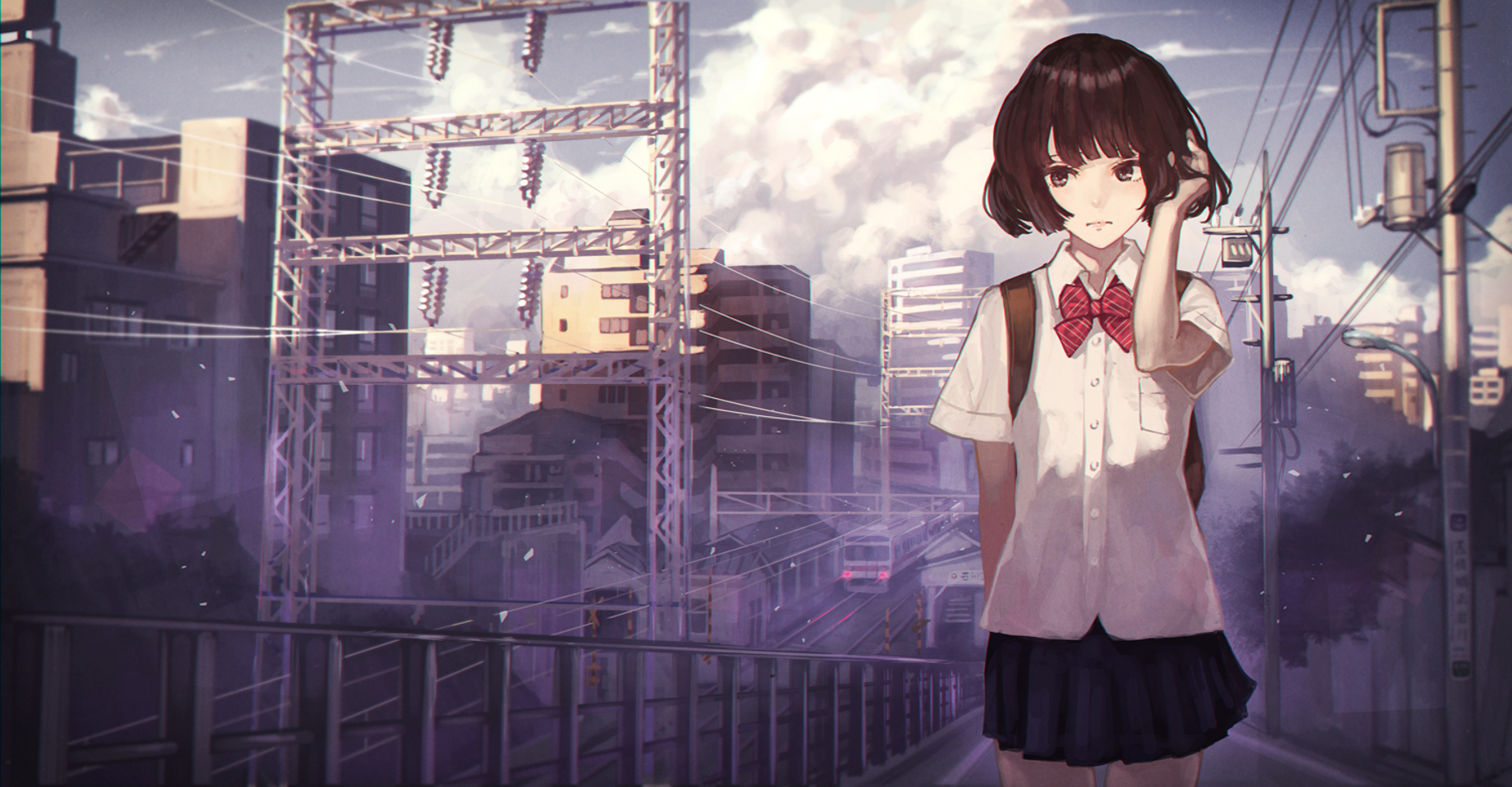 Download mobile wallpaper Anime, Sky, City, Building, Girl, Cloud, School Uniform, Short Hair for free.