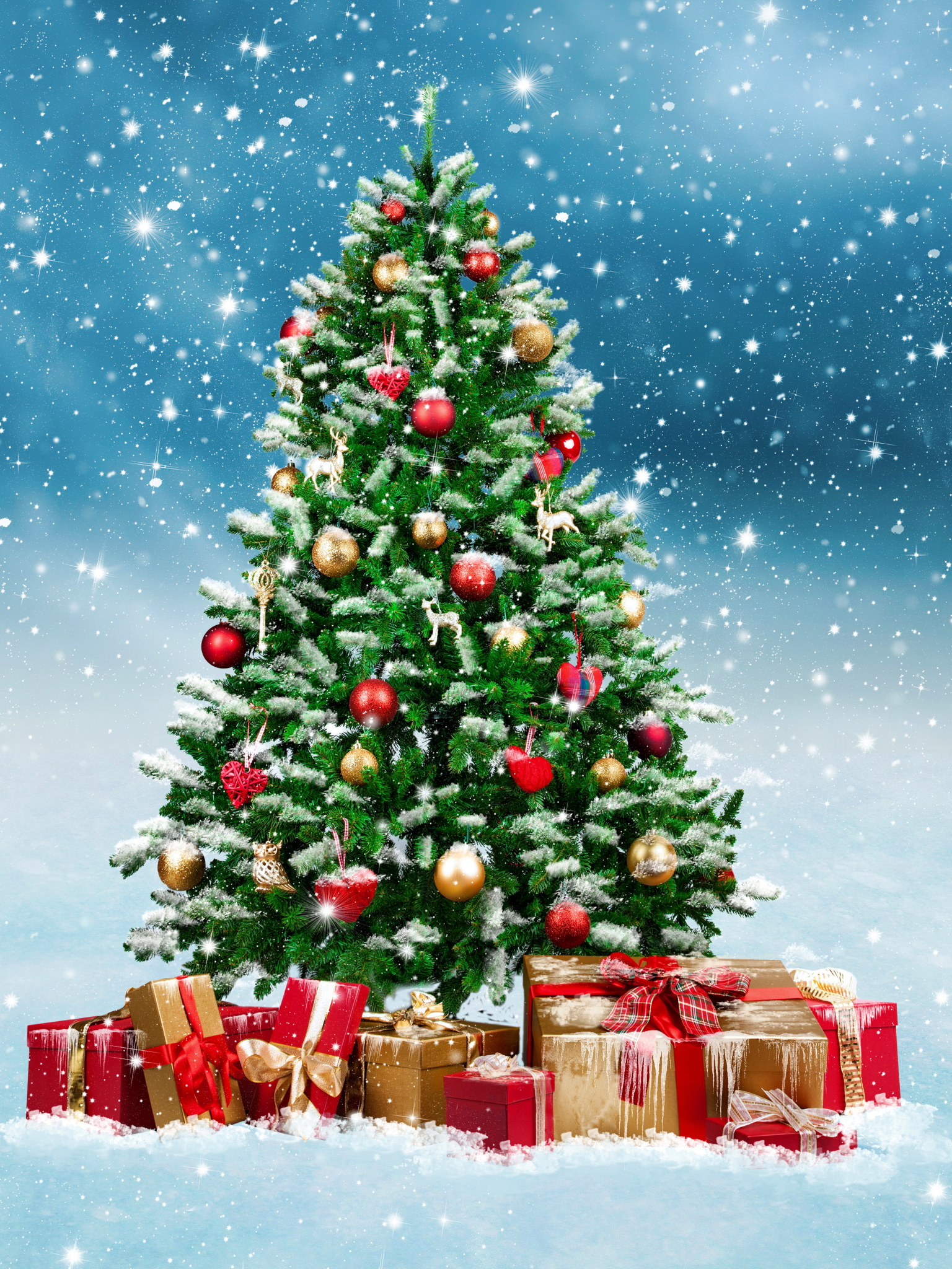 Handy-Wallpaper Feiertage, Winter, Schnee, Weihnachten, Geschenk, Weihnachtsschmuck, Weihnachtsbaum kostenlos herunterladen.