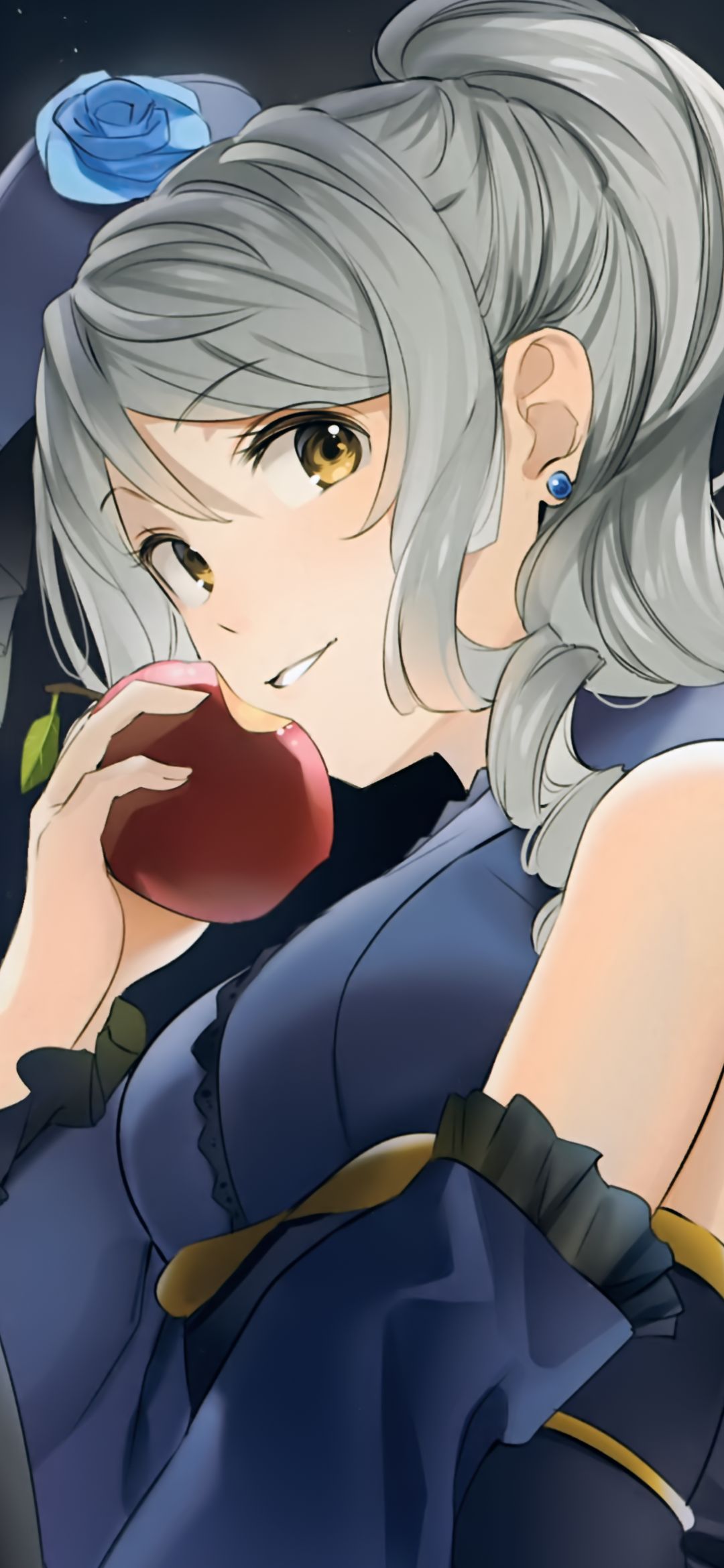 Download mobile wallpaper Anime, Apple, Flower, Smile, Hat, Yellow Eyes, Earrings, Original, Blush, Grey Hair, Ponytail for free.
