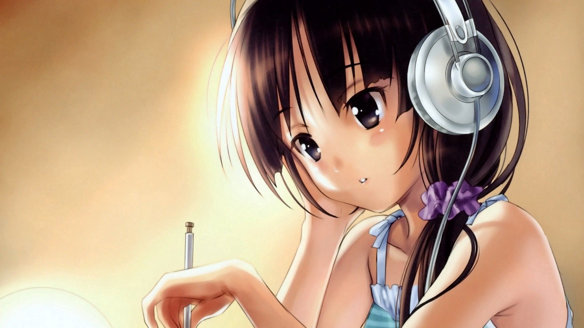 girl, anime, headphones, pen, thoughts