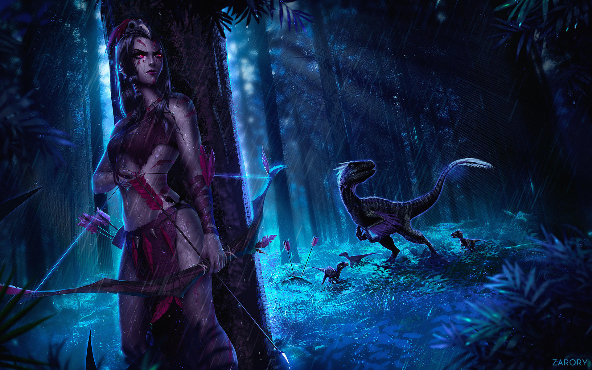 woman warrior, fantasy, archer, bow, dinosaur, forest, hunting, night, red eyes
