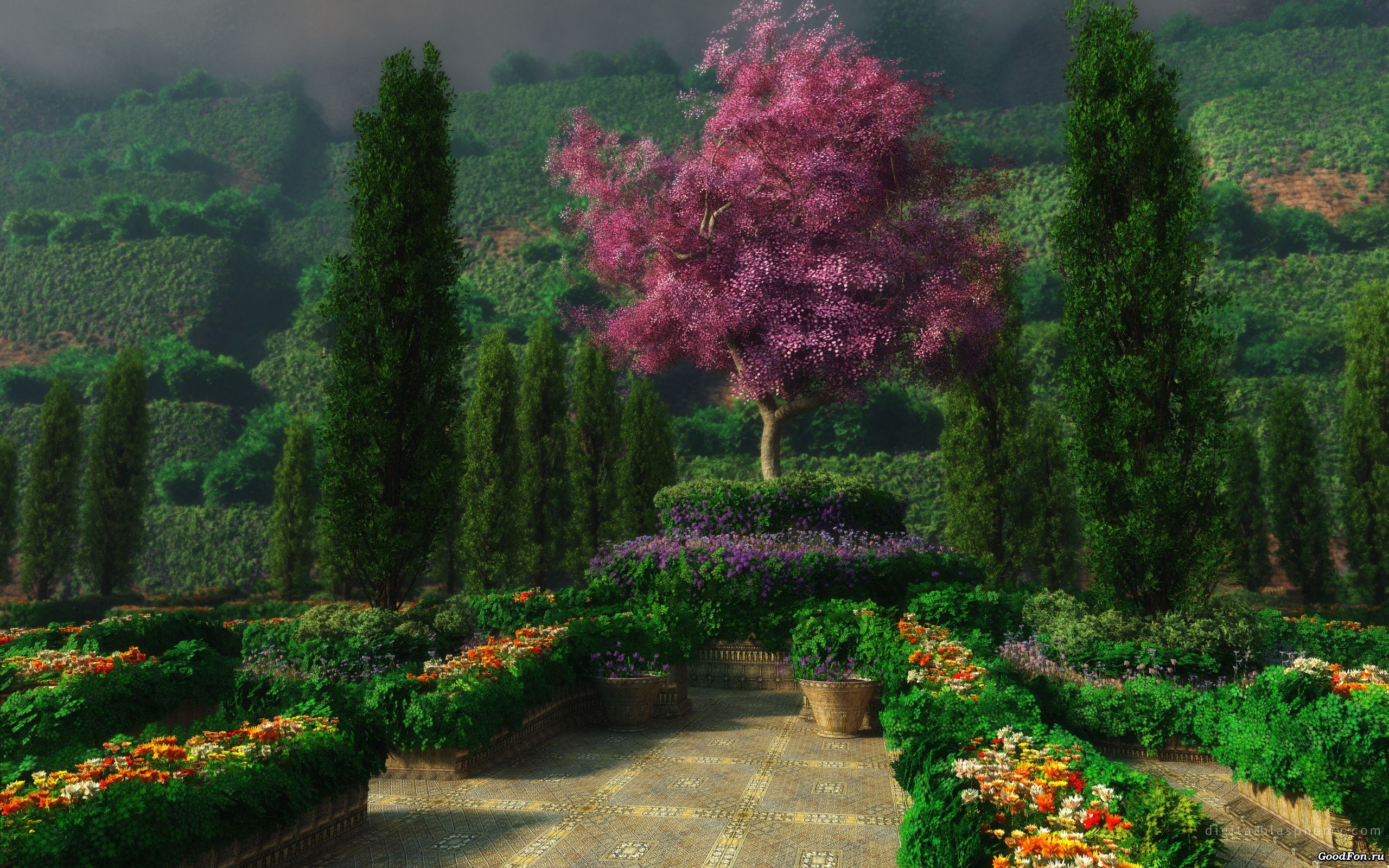 garden, 3d, landscape, trees, flowers cell phone wallpapers
