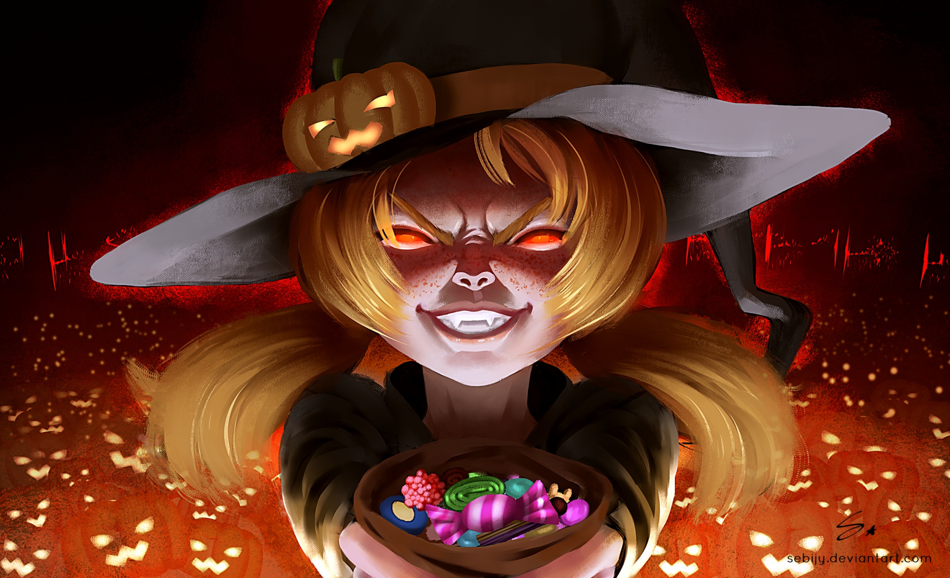 Download mobile wallpaper Halloween, Holiday, Blonde, Face, Candy, Witch, Witch Hat, Trick Or Treat for free.