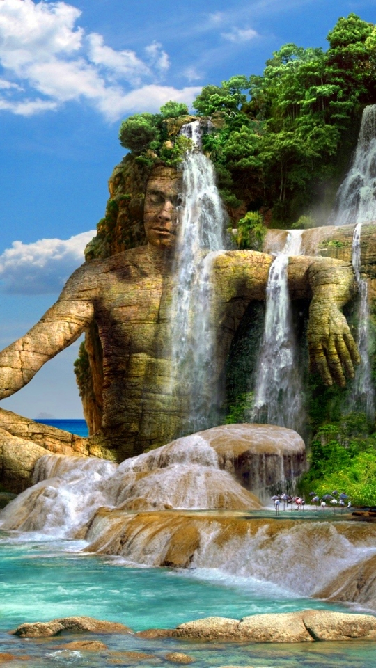 Handy-Wallpaper Wasserfall, Tropen, Statue, Bucht, Fotografie, Thailand, Manipulation, Tapu kostenlos herunterladen.