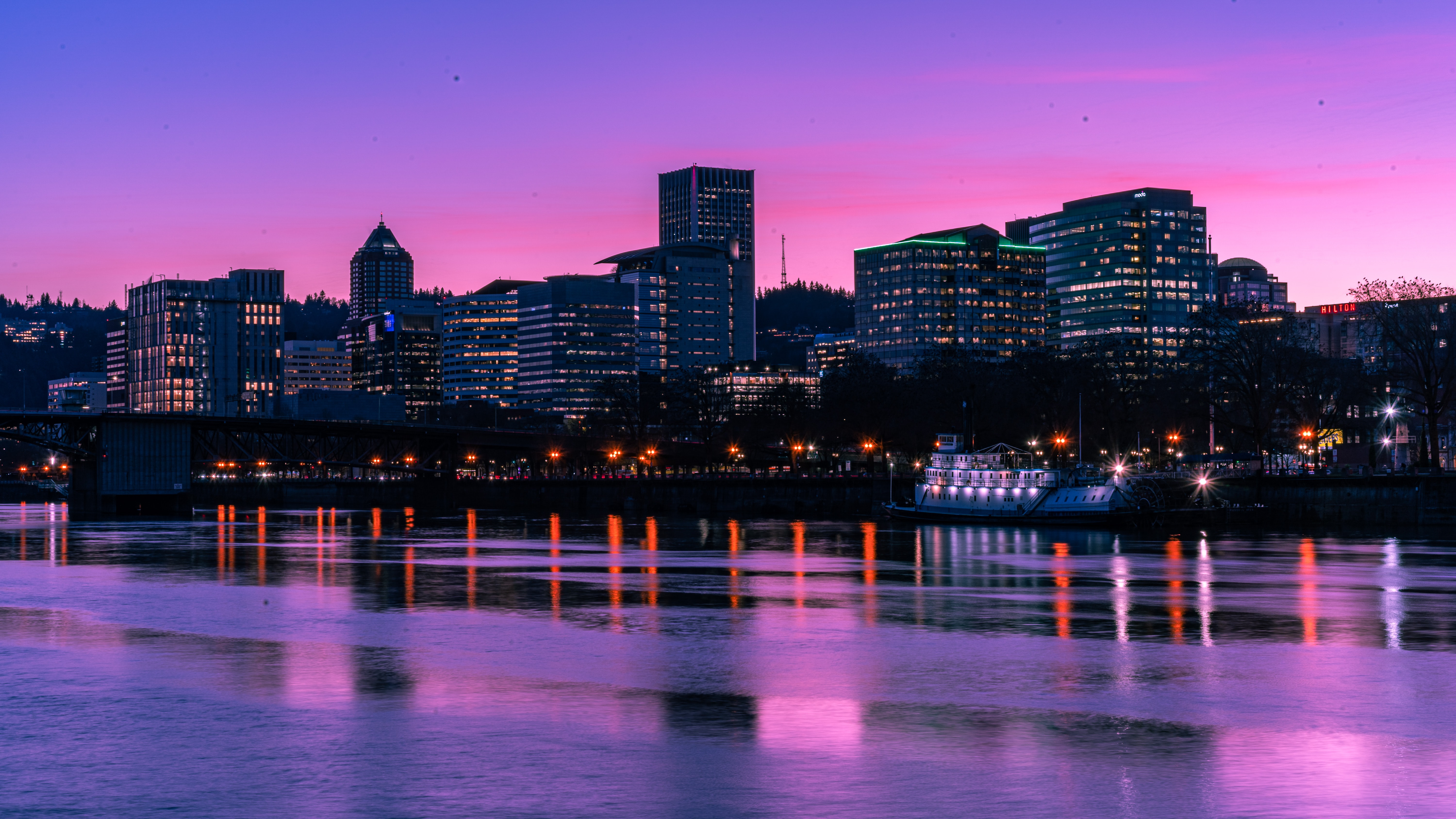 evening, cities, rivers, sunset, city desktop HD wallpaper