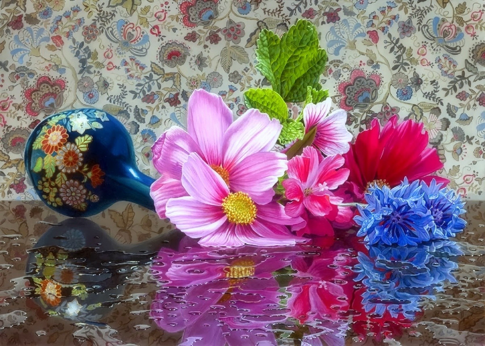 Laden Sie das Blume, Vase, Fotografie, Spiegelung, Pinke Blume, Stillleben, Blaue Blume-Bild kostenlos auf Ihren PC-Desktop herunter