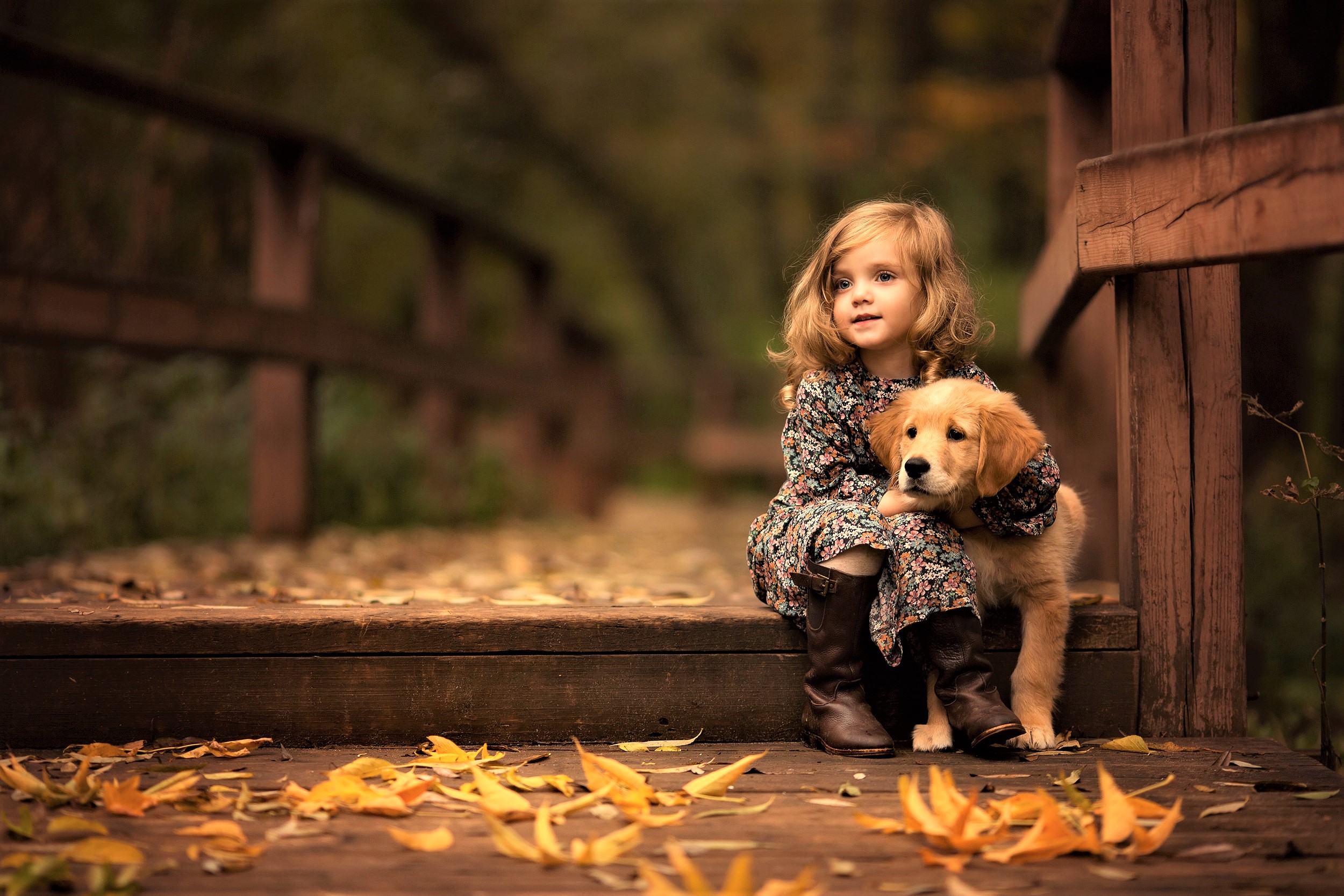 Download mobile wallpaper Puppy, Golden Retriever, Child, Photography, Little Girl for free.