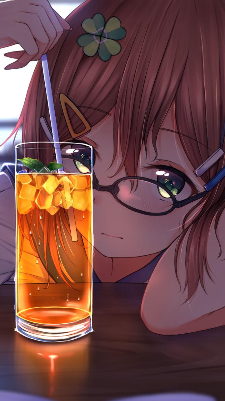 Download mobile wallpaper Anime, Glass, Drink, Glasses, Green Eyes, Original, Brown Hair for free.