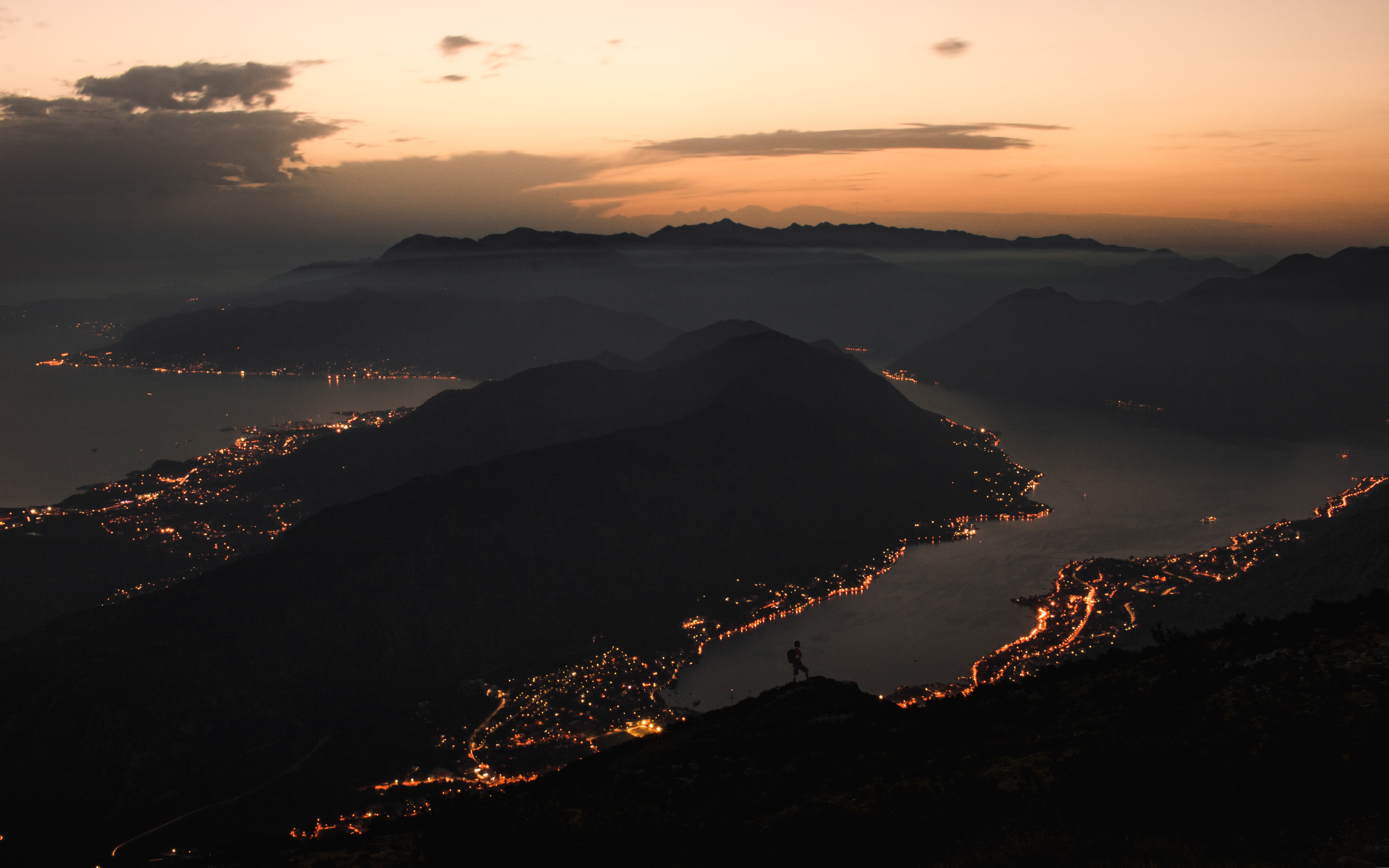 lights, night, dark, mountains, coast, city, view from above Full HD