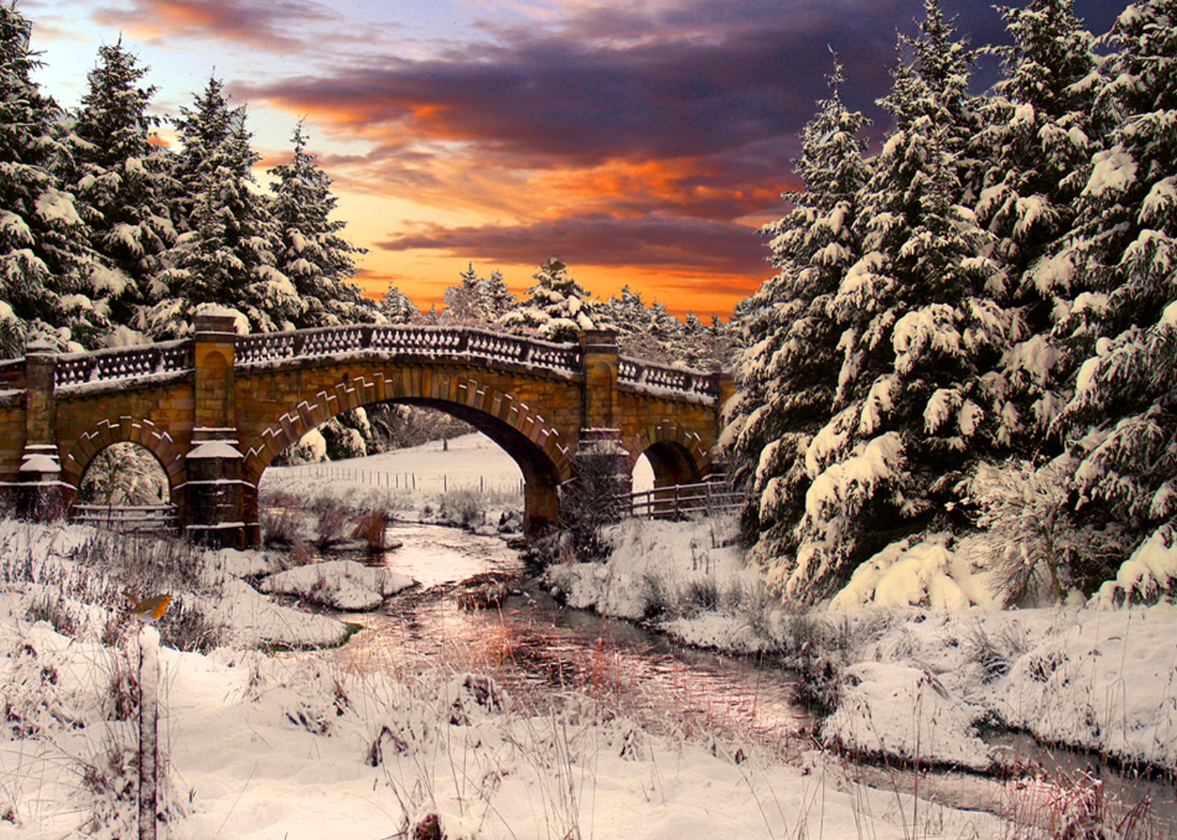 Download mobile wallpaper Winter, Bridges, Sunset, Sky, Snow, Tree, Earth, Bridge, River, Man Made for free.