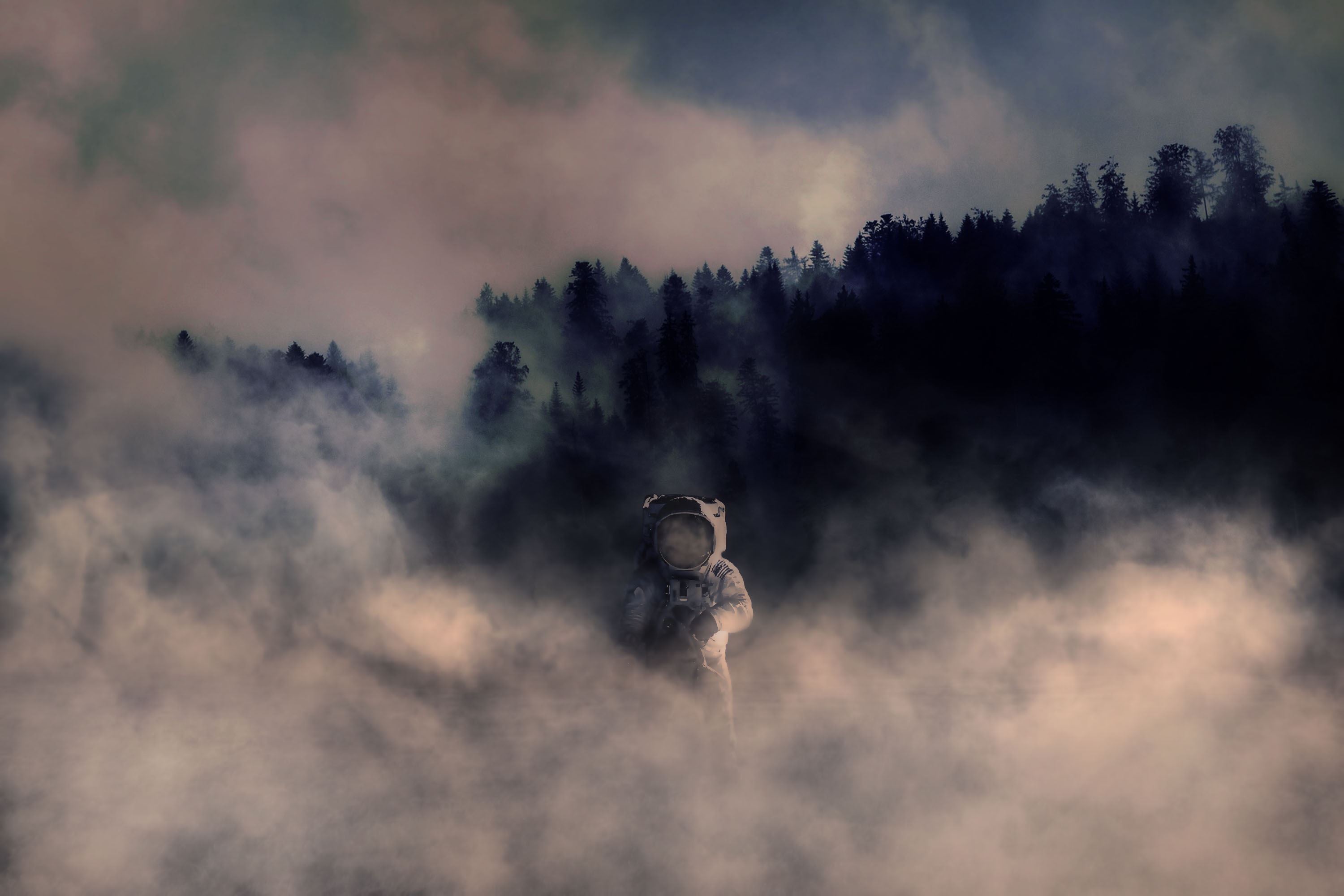 universe, photoshop, cosmonaut, spacesuit, space suit, smoke, forest cell phone wallpapers