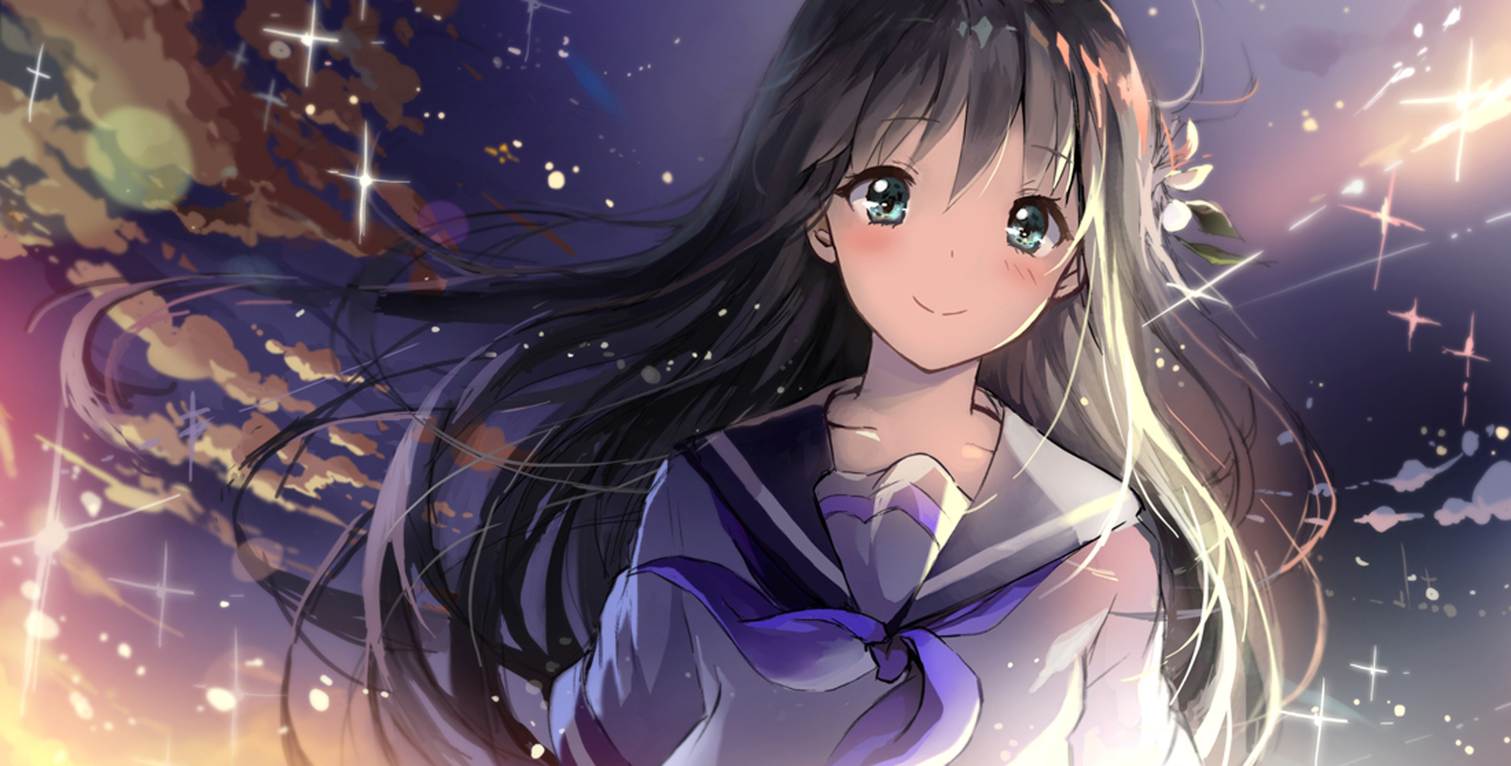 Laden Sie das Sterne, Wolke, Nacht, Blaue Augen, Original, Himmel, Schuluniform, Animes, Schwarzes Haar-Bild kostenlos auf Ihren PC-Desktop herunter