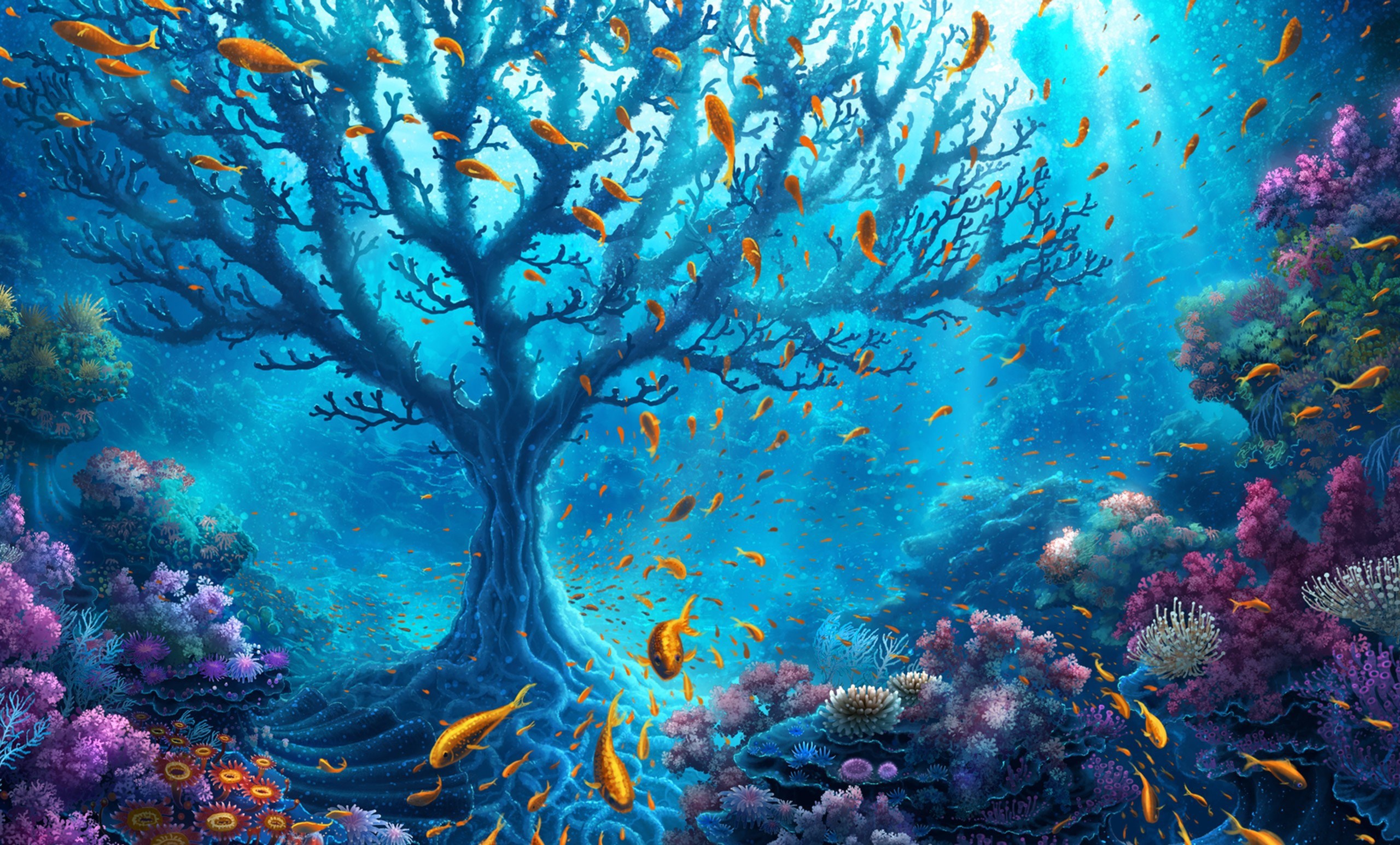 853117 завантажити картинку під водою, морське життя, тварина, художній, кораловий, риба, океан, рослина, риф, сонячний промінь, дерево - шпалери і заставки безкоштовно