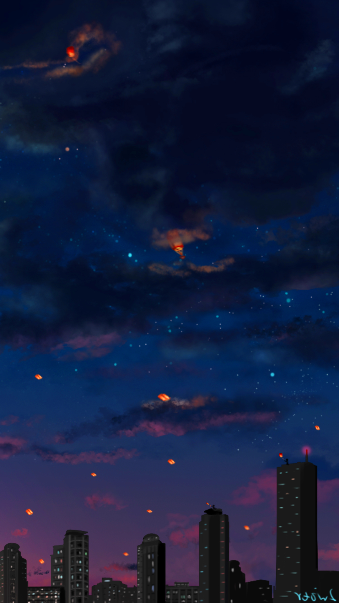 Download mobile wallpaper Anime, Stars, Night, City, Cloud, Original for free.