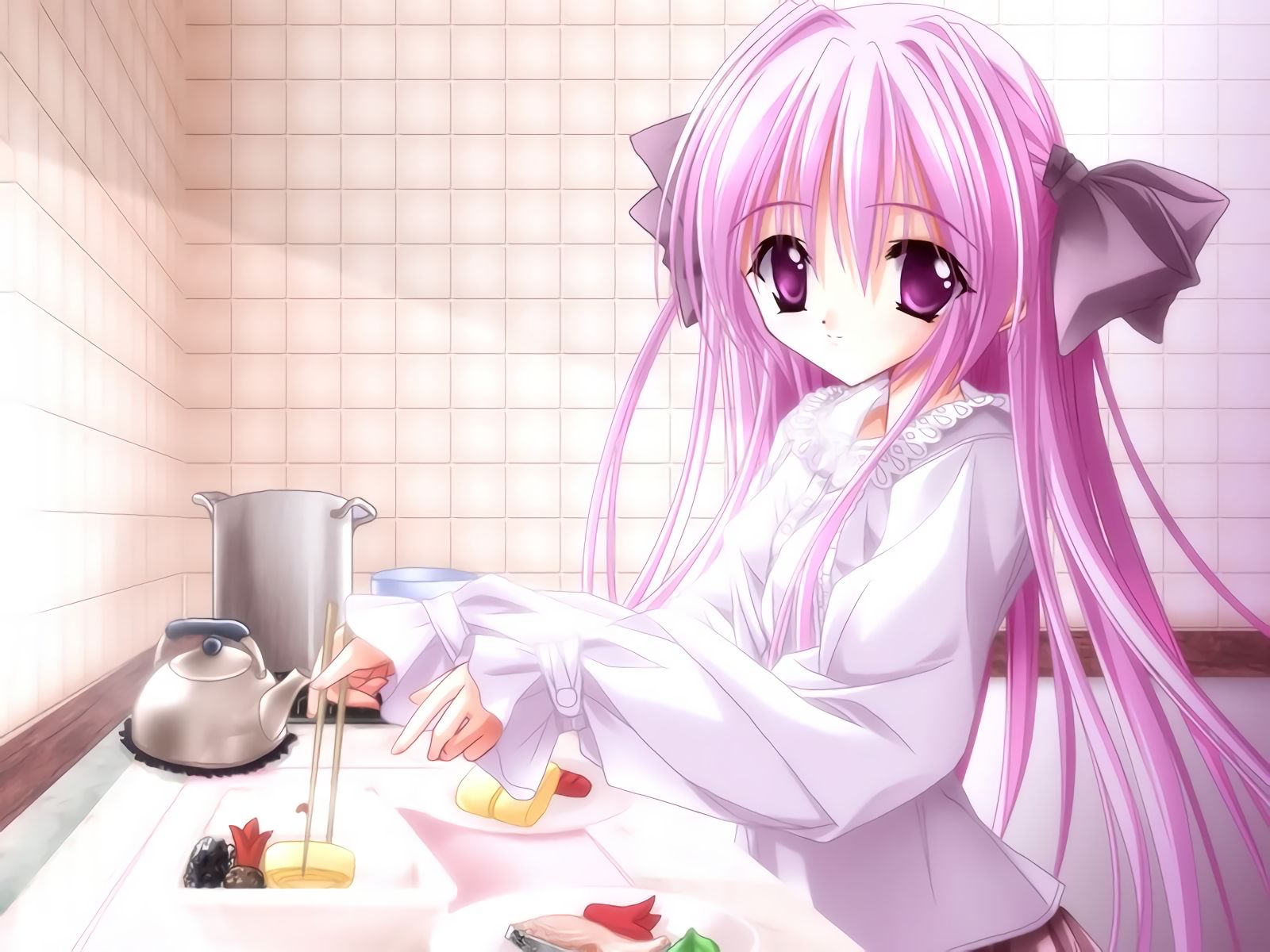 Download mobile wallpaper Anime, Food, Original, Pink Hair, Long Hair, Pink Eyes for free.
