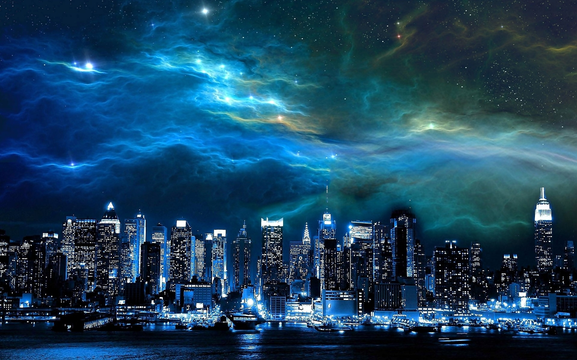 Download mobile wallpaper Sky, Stars, City, Starry Sky, Cityscape, Artistic, Cloud for free.