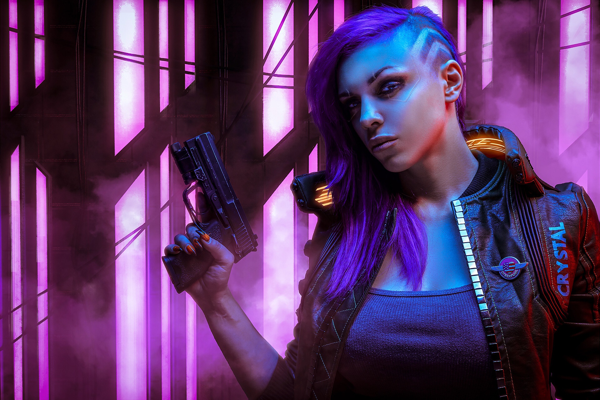 929083 descargar fondo de pantalla videojuego, cyberpunk 2077, pistola, cabello purpura: protectores de pantalla e imágenes gratis