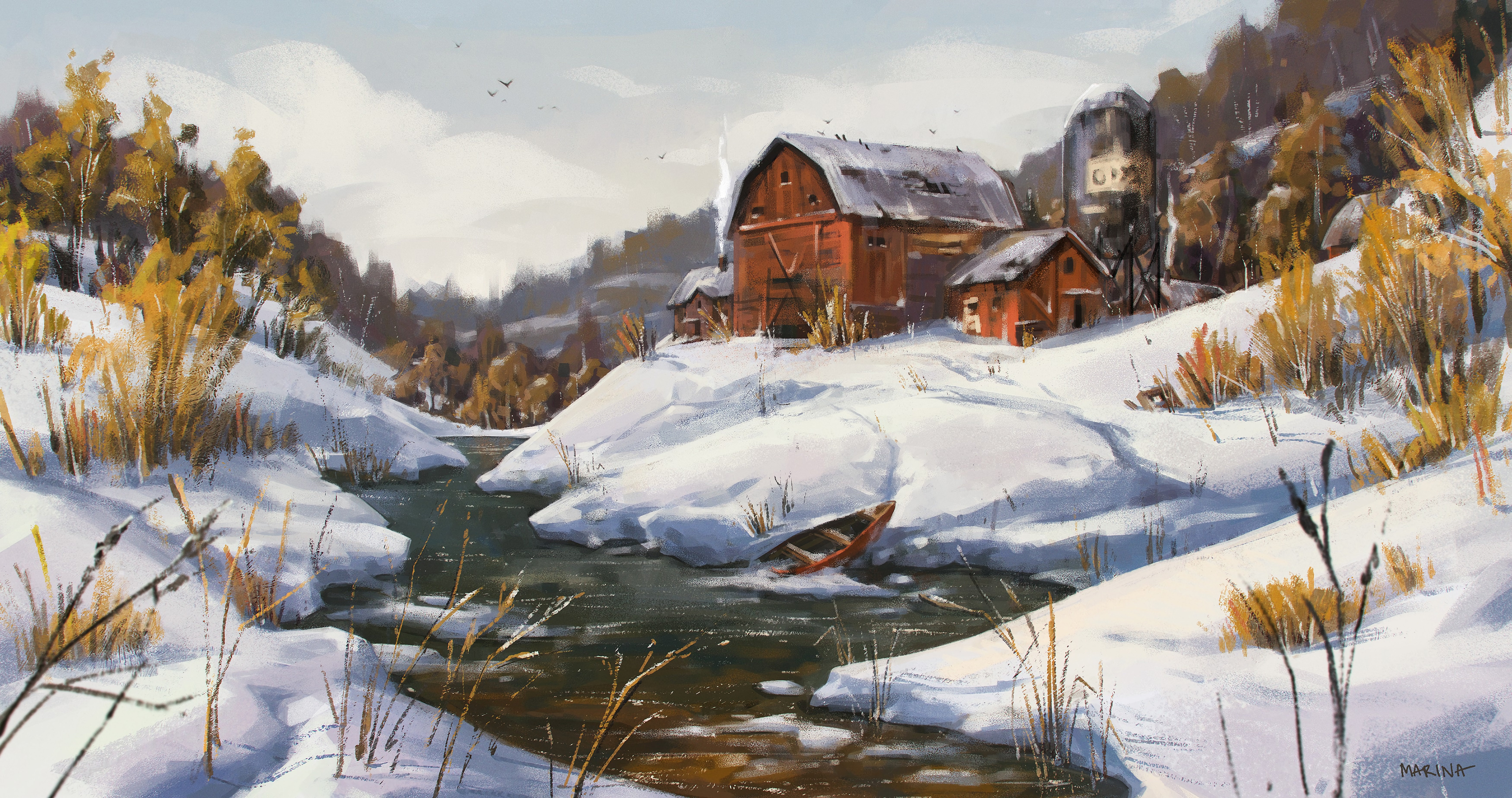 Download mobile wallpaper Winter, Rivers, Lodge, Boat, Small House, Art for free.