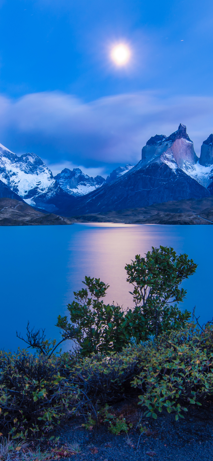 Download mobile wallpaper Landscape, Mountains, Night, Twilight, Moon, Lake, Earth, Chile, Torres Del Paine for free.