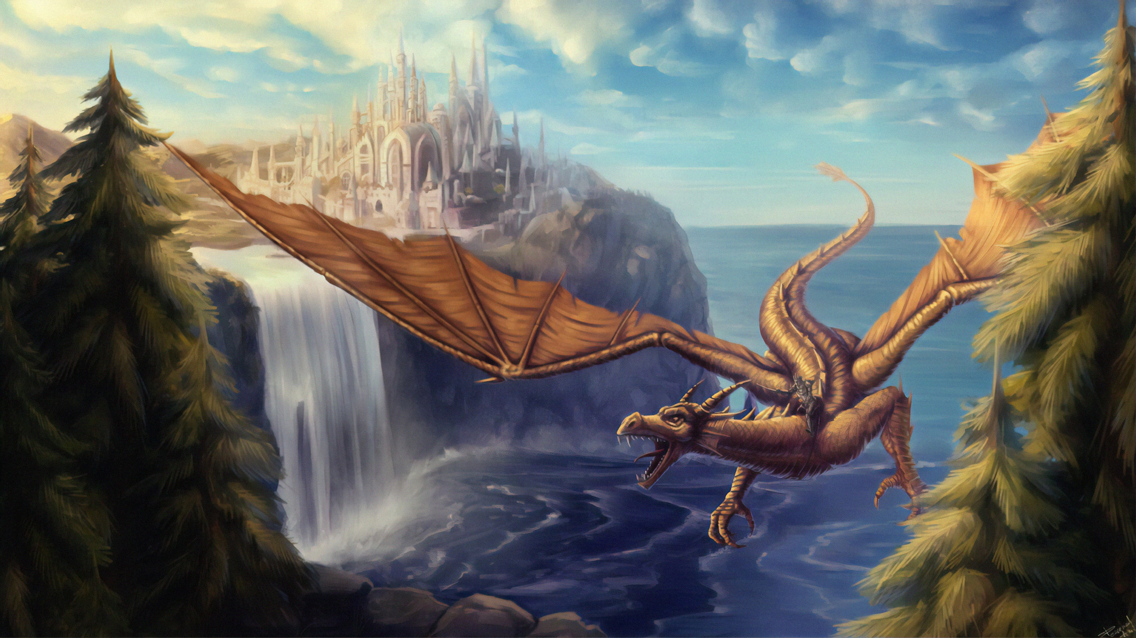 Free download wallpaper Fantasy, City, Dragon on your PC desktop