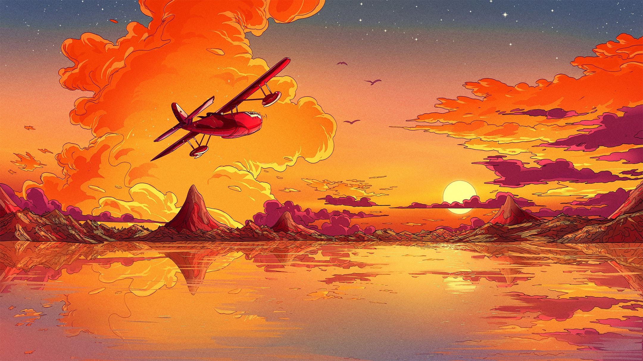 Download mobile wallpaper Sunset, Airplane, Artistic, Aircraft for free.