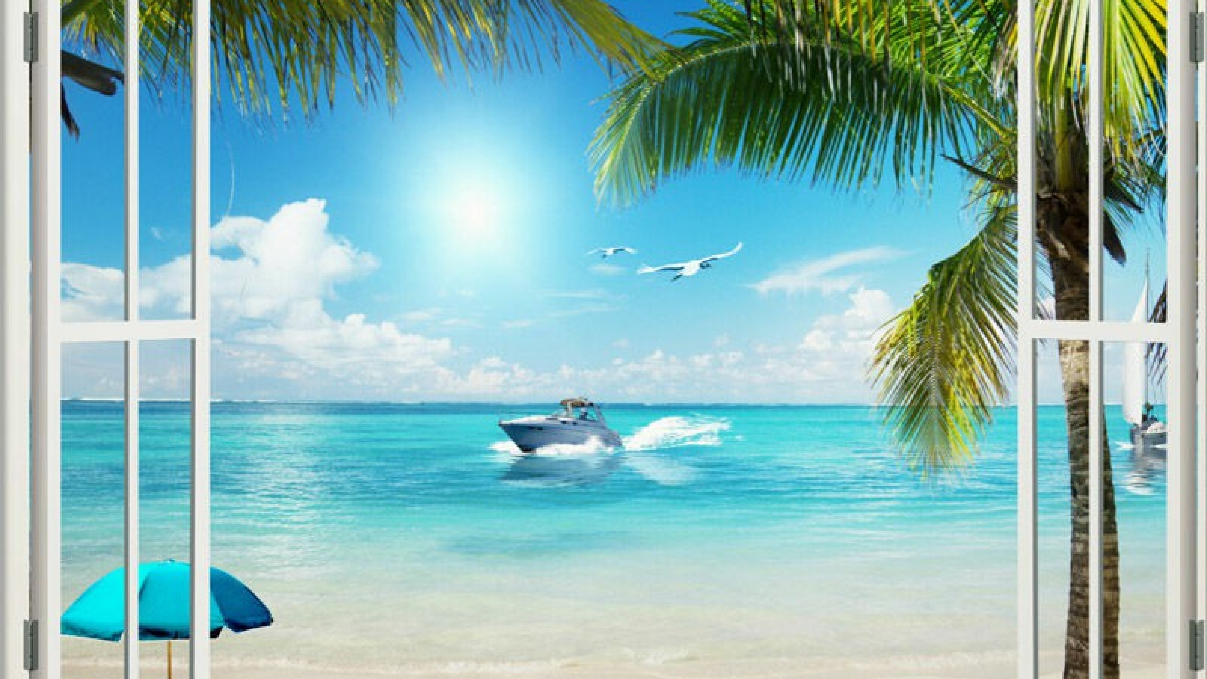 Download mobile wallpaper Sea, Beach, Ocean, Window, Boat, Artistic, Tropical for free.