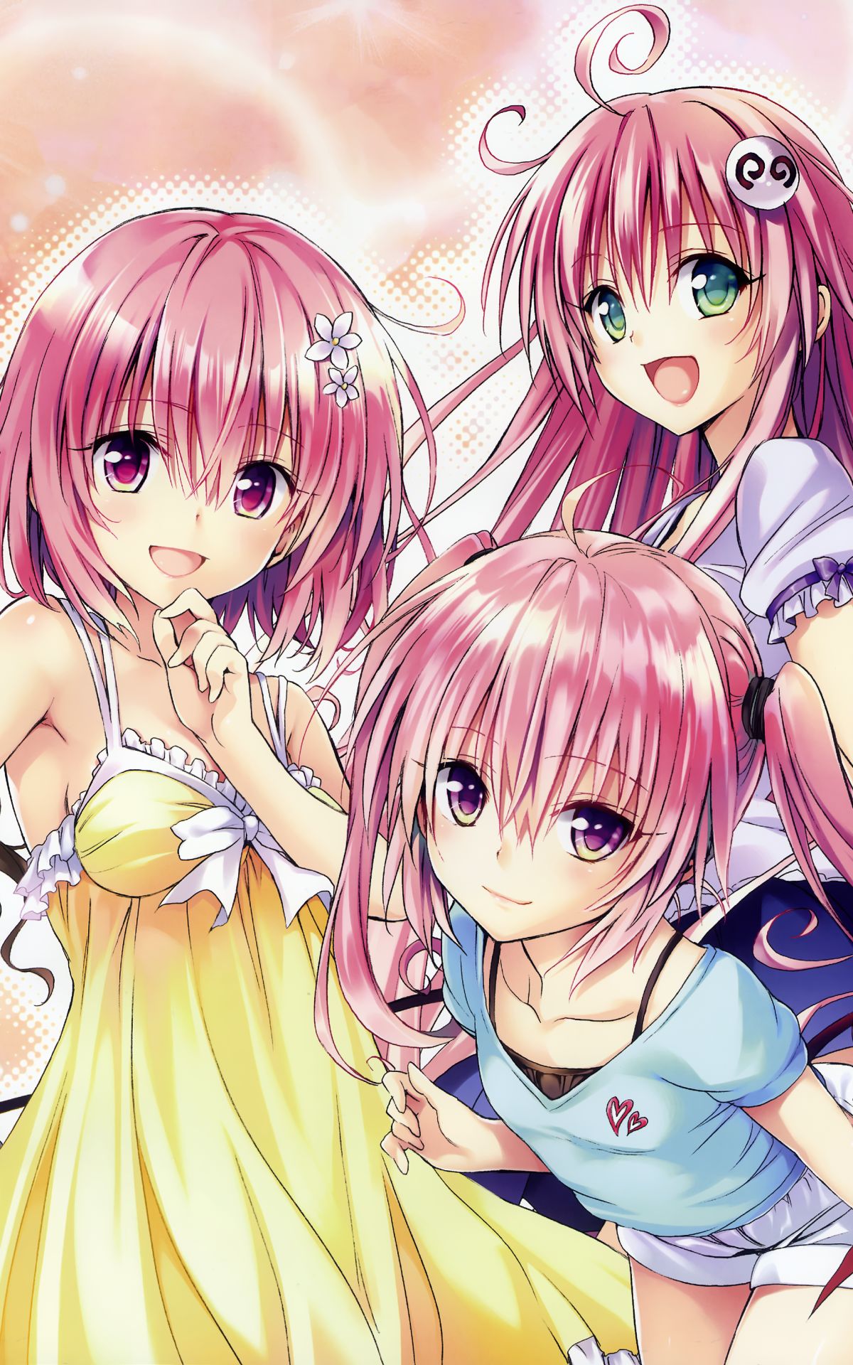 Download mobile wallpaper Anime, Smile, Dress, Green Eyes, Pink Hair, Yellow Dress, Red Eyes, To Love Ru, Pink Eyes, Lala Satalin Deviluke, Momo Velia Deviluke, Nana Astar Deviluke for free.