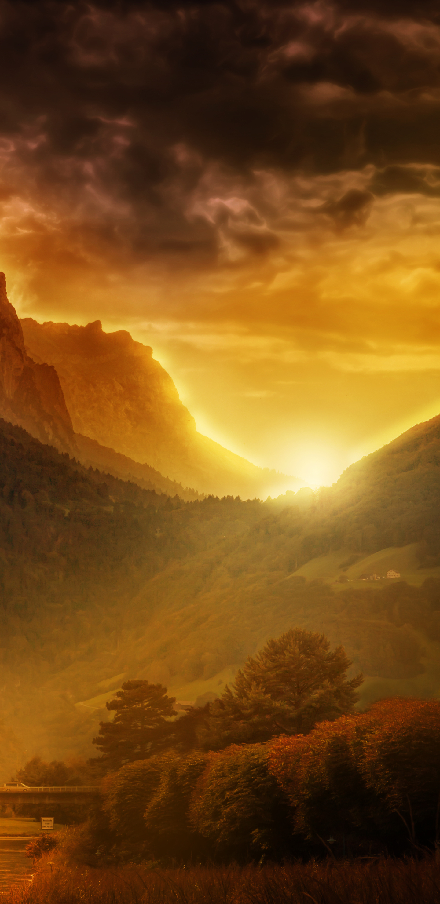 Download mobile wallpaper Sunset, Earth, Evening, Switzerland, Valley, Sunbeam, Sunbean for free.