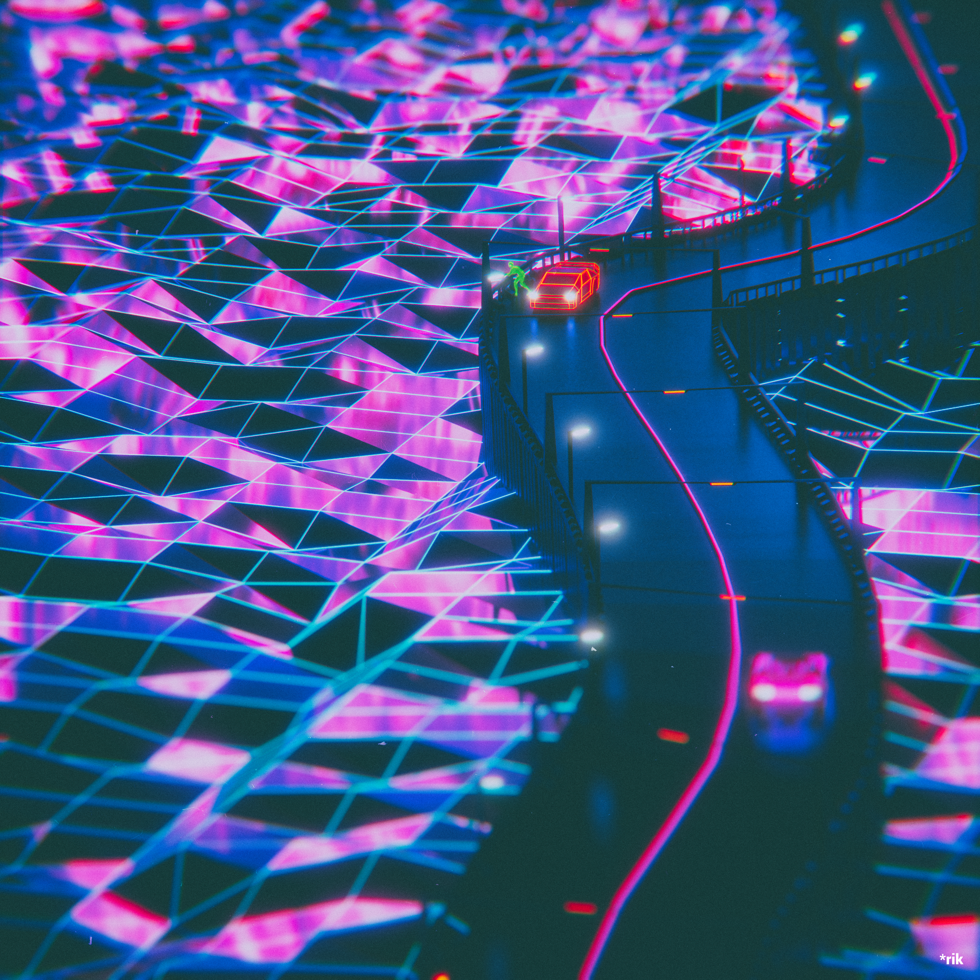 Download mobile wallpaper Road, Neon, Silhouette, Synthwave, 3D for free.