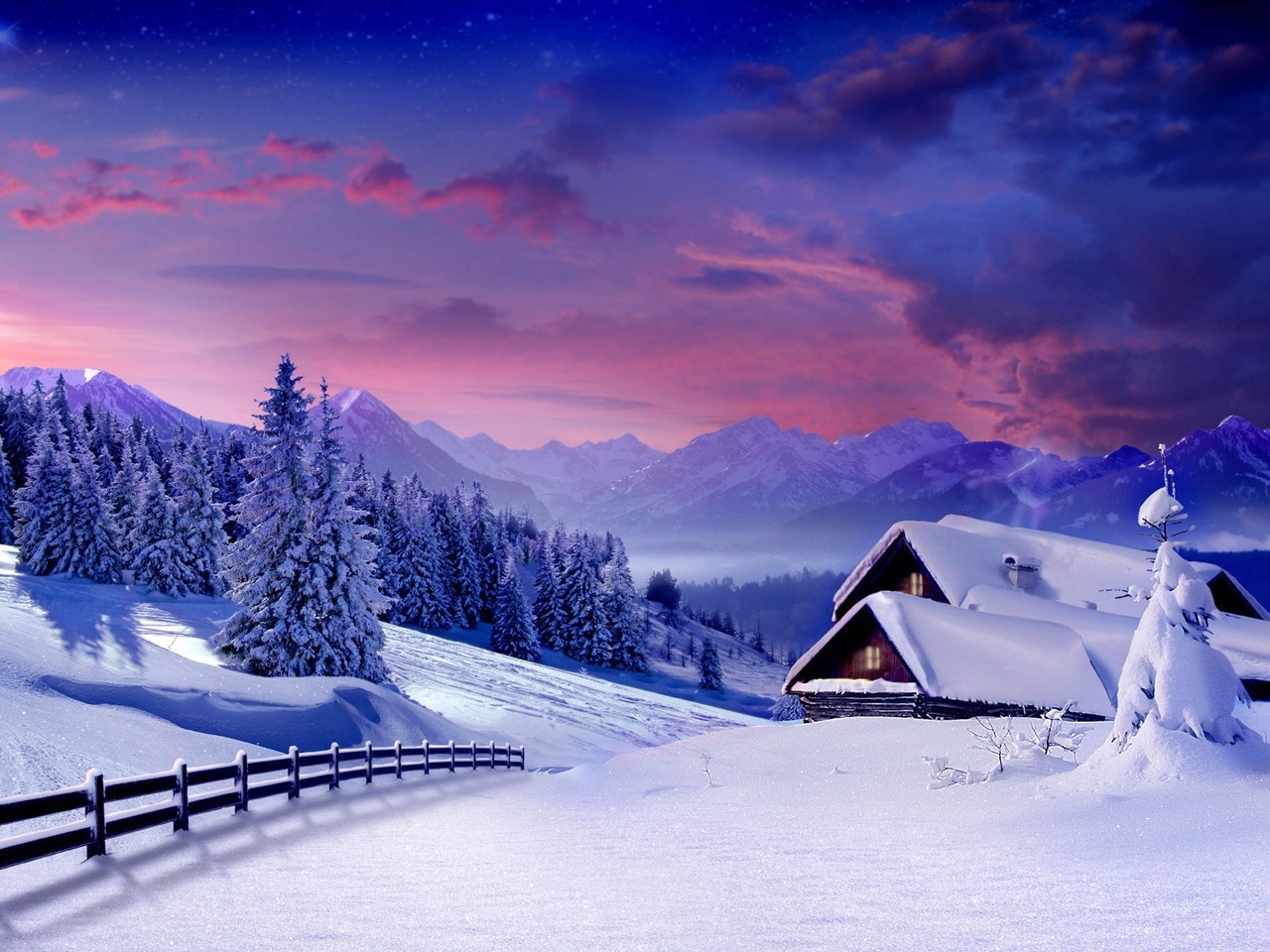 無料モバイル壁紙山脈, 雪, 風景, 冬, 家をダウンロードします。