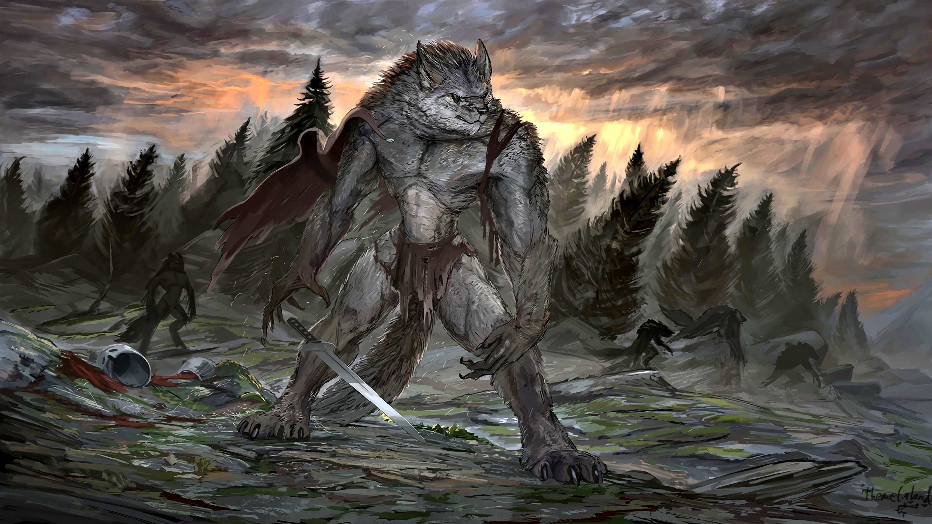 Free download wallpaper Dark, Creature, Werewolf, Sword on your PC desktop
