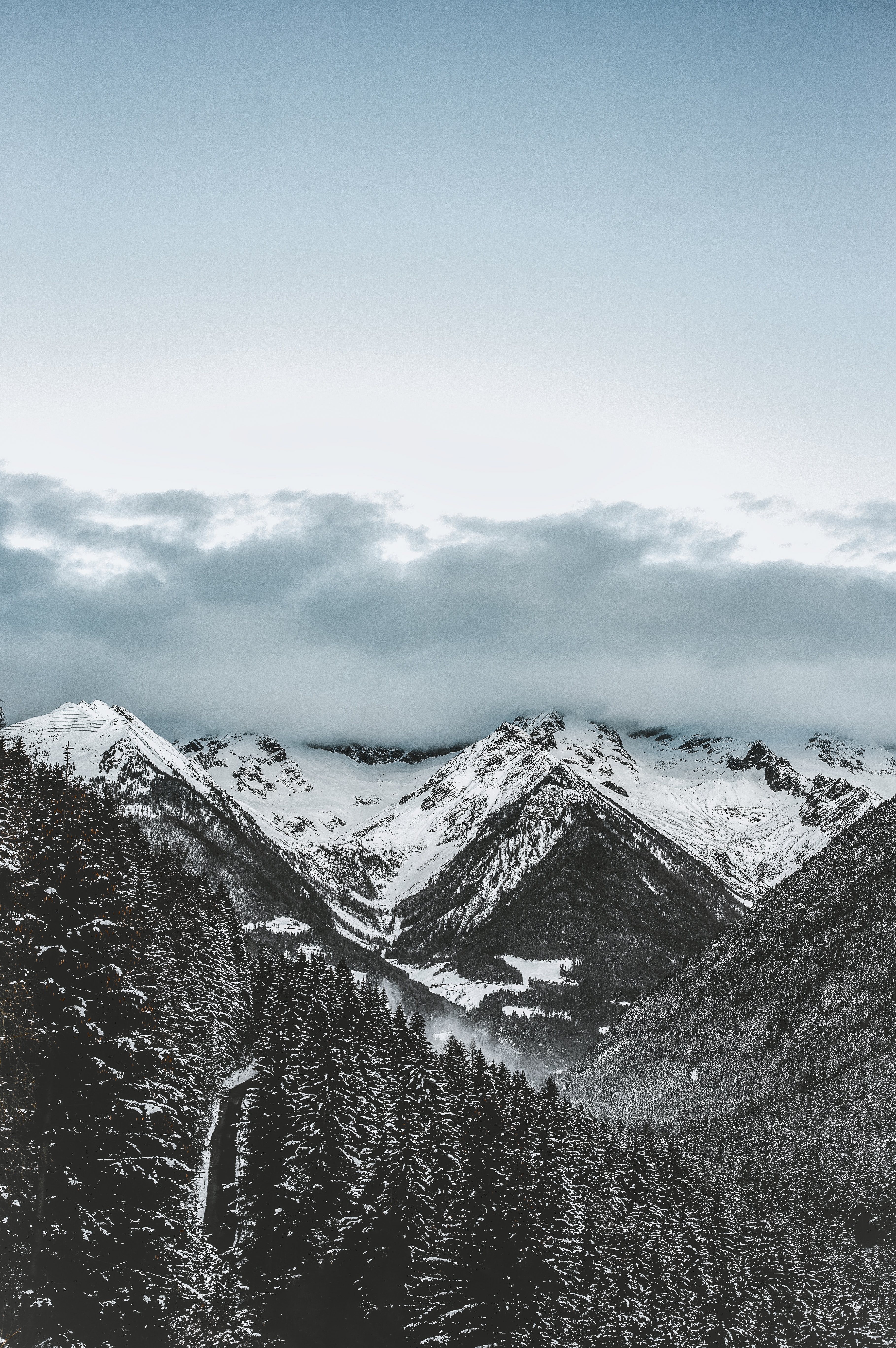 Free download wallpaper Winter, Trees, Mountains, Snow Covered, Snowbound, Nature, Clouds, Snow on your PC desktop